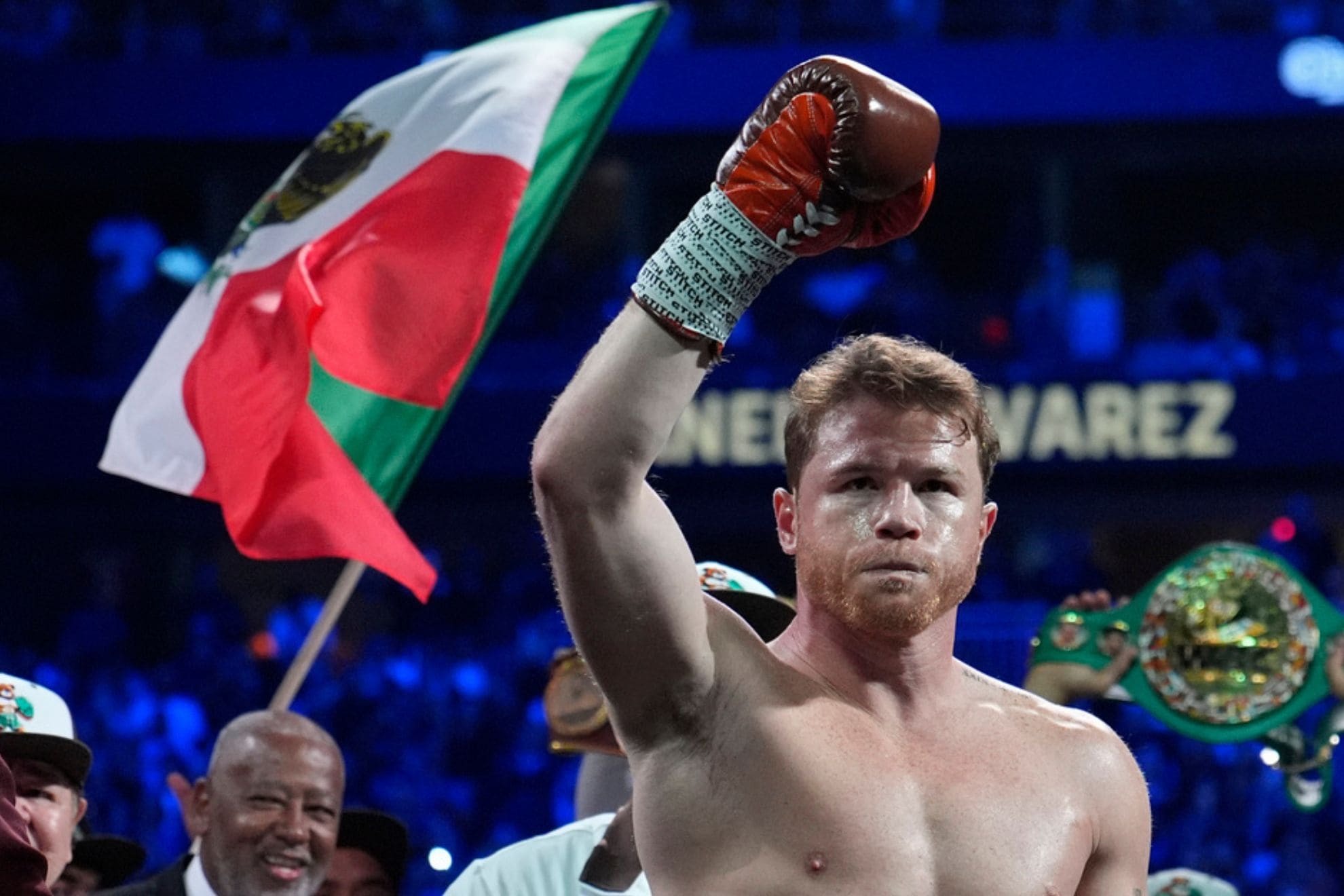 Canelo Alvarez reacts before fighting Edgar Berlanga in a super middleweight title bout on Sept. 14, 2024, in Las Vegas. (AP Photo/John Locher, File)