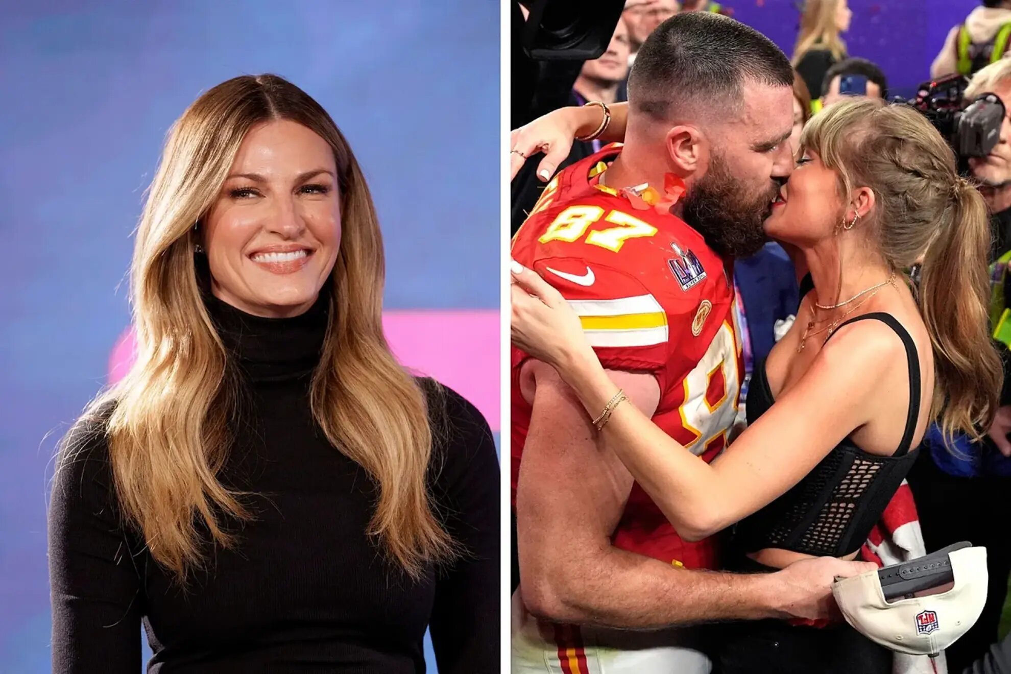 Erin Andrews (L) and Travis Kelce and Taylor Swift (R) LAPRESSE