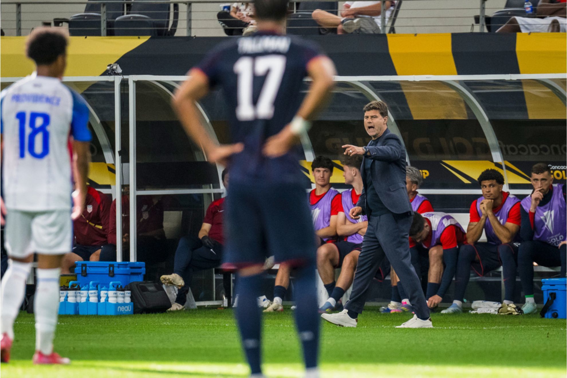 United States head coach Mauricio Pochettino yells during a CONCACAF Gold Cup soccer match against Haiti