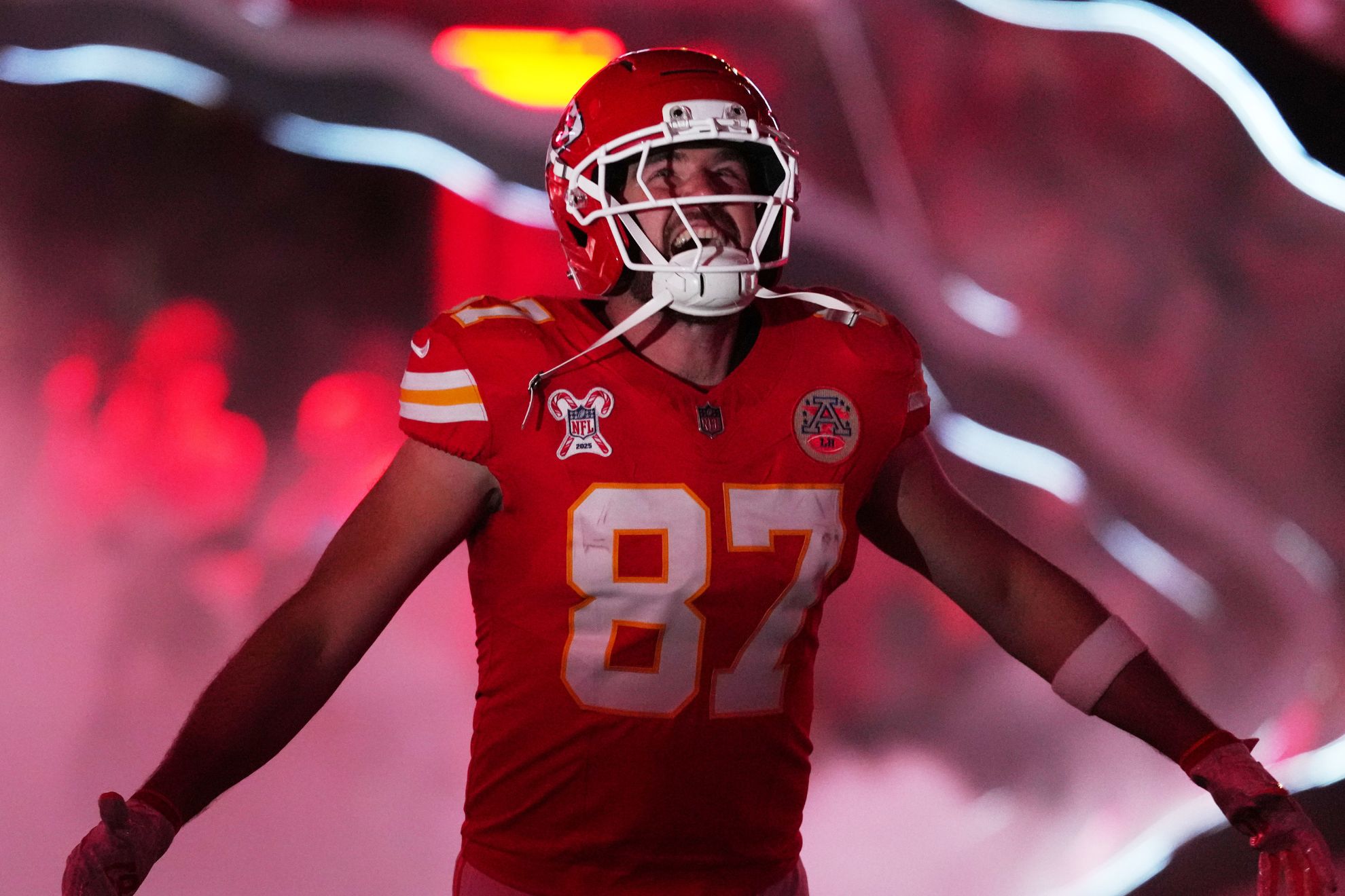 Kansas City Chiefs tight end Travis Kelce is introduced onto the game prior to an NFL football game against the Denver Broncos.
