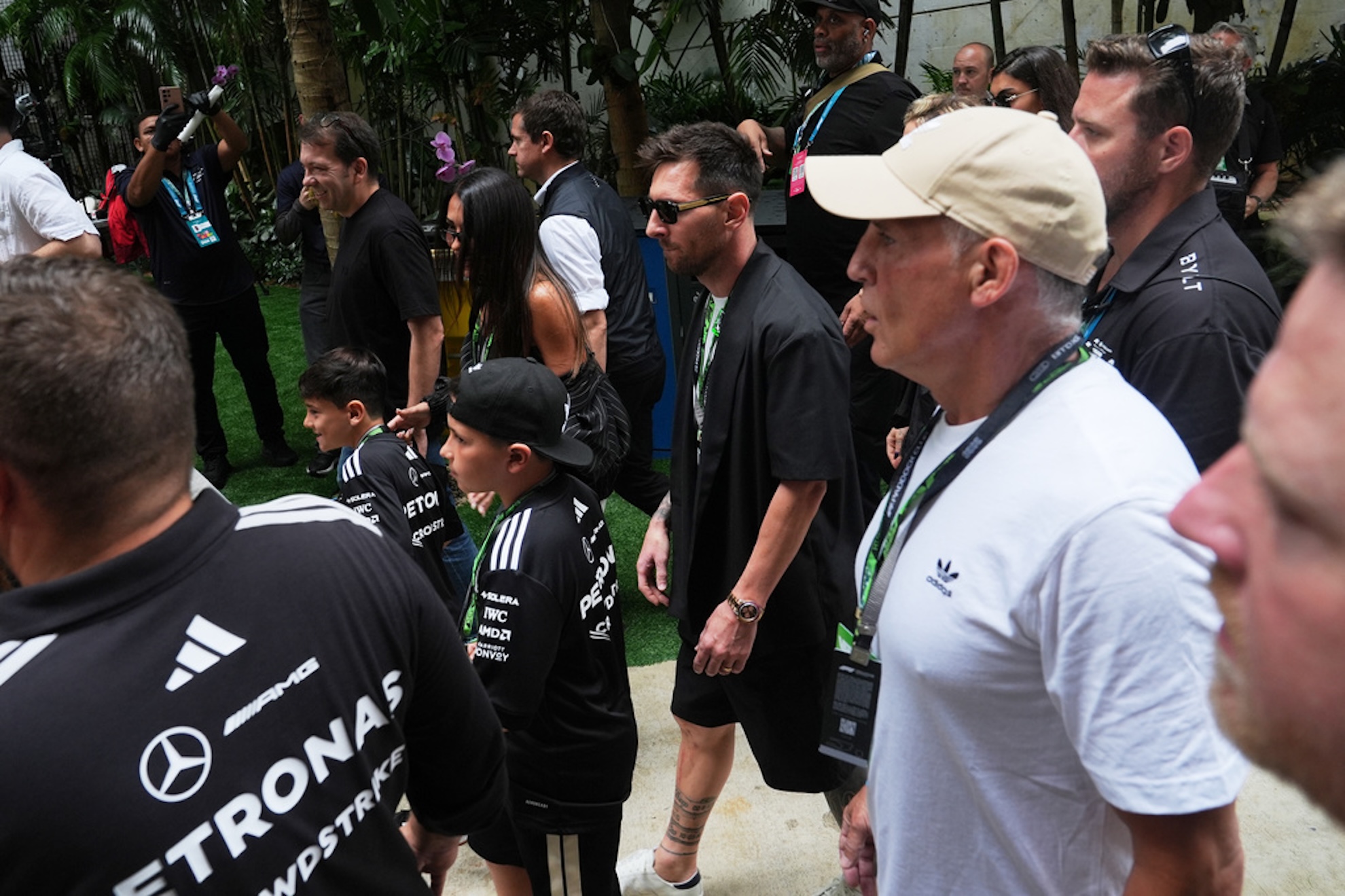 Lionel Messi arrives before the Miami Formula One Grand Prix auto race, Sunday, May 3, 2026, in Miami Gardens, Fla. (AP Photo/Marta Lavandier)
