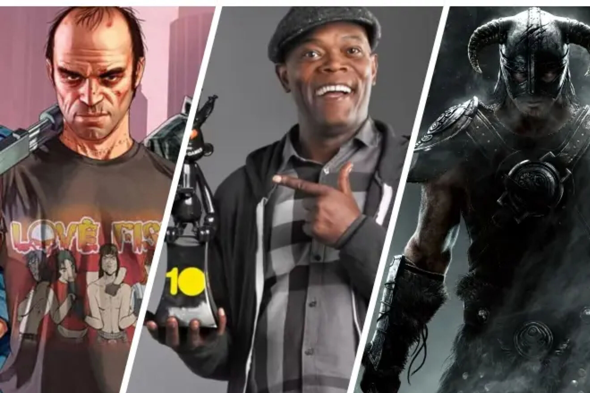 GTA 5 and Skyrim, two of the winners, and Samuel L. Jackson with an award at the tenth VGA gala.