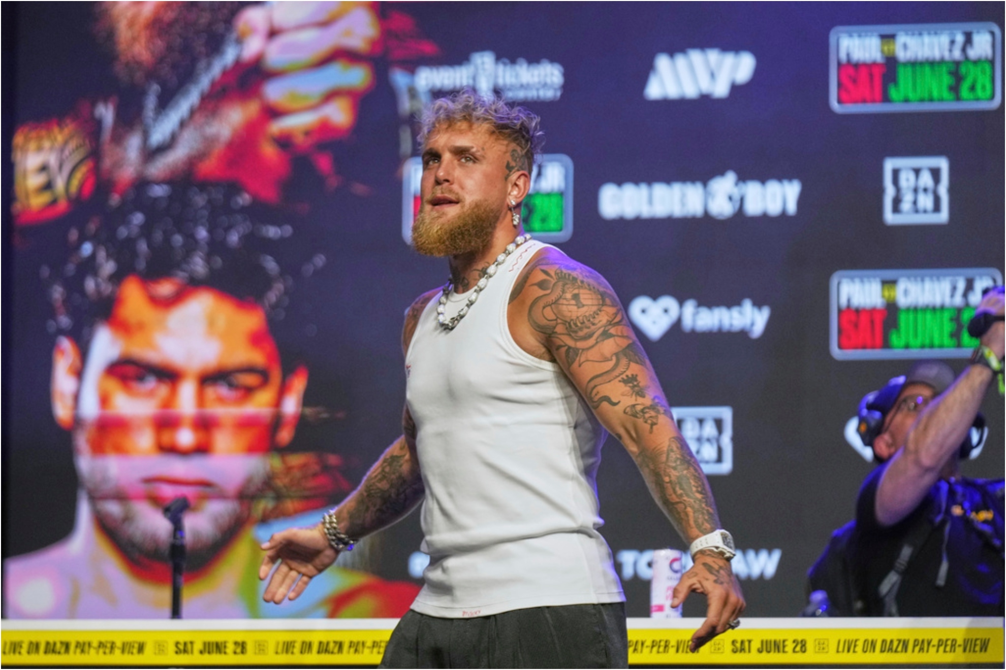 Boxer Jake Paul challenges Julio Cesar Chavez Jr., during a boxing news conference at the Avalon Hollywood Theater.