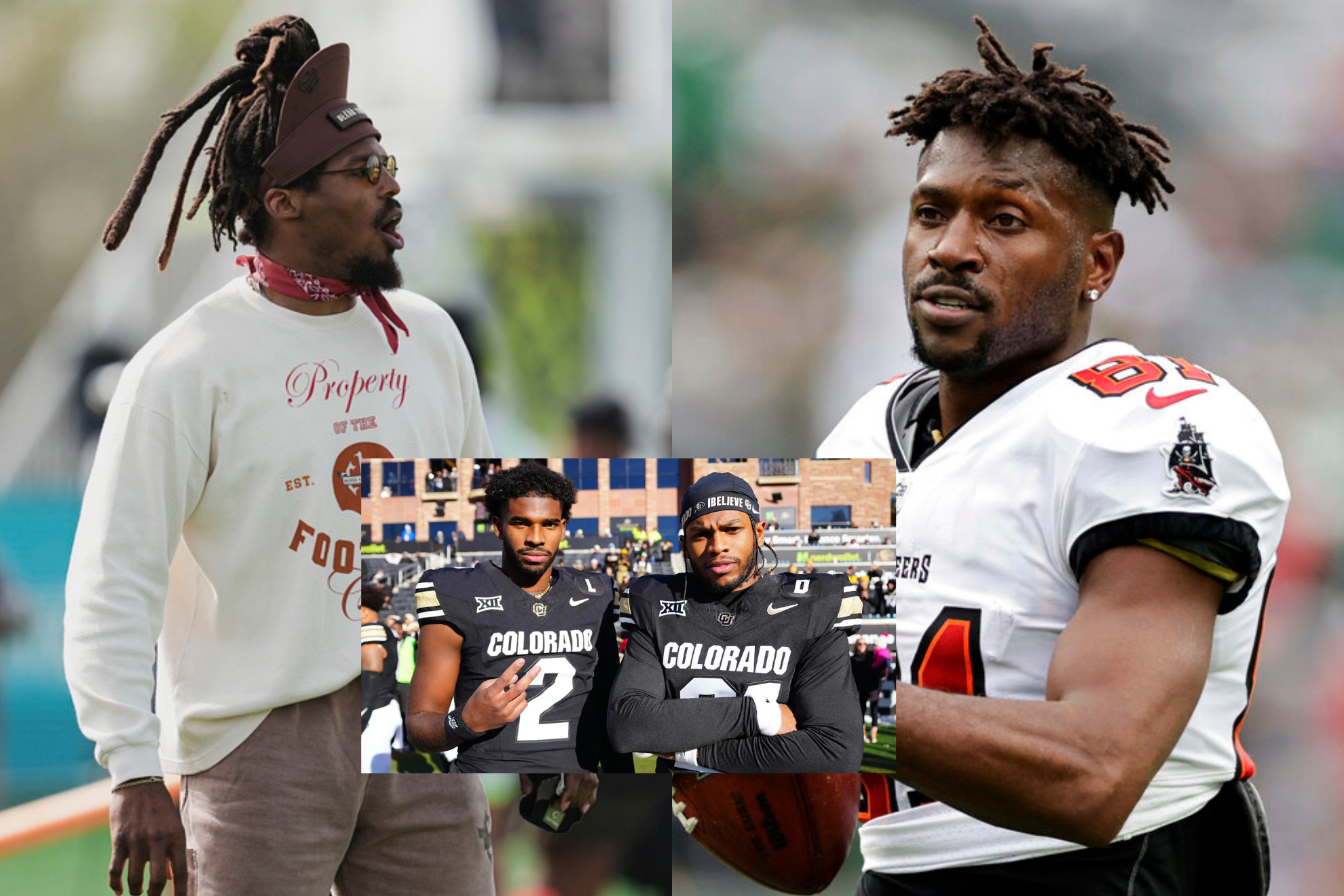 A montage with Cam Newton, left, Antonio Brown, right, and the Sanders brothers.