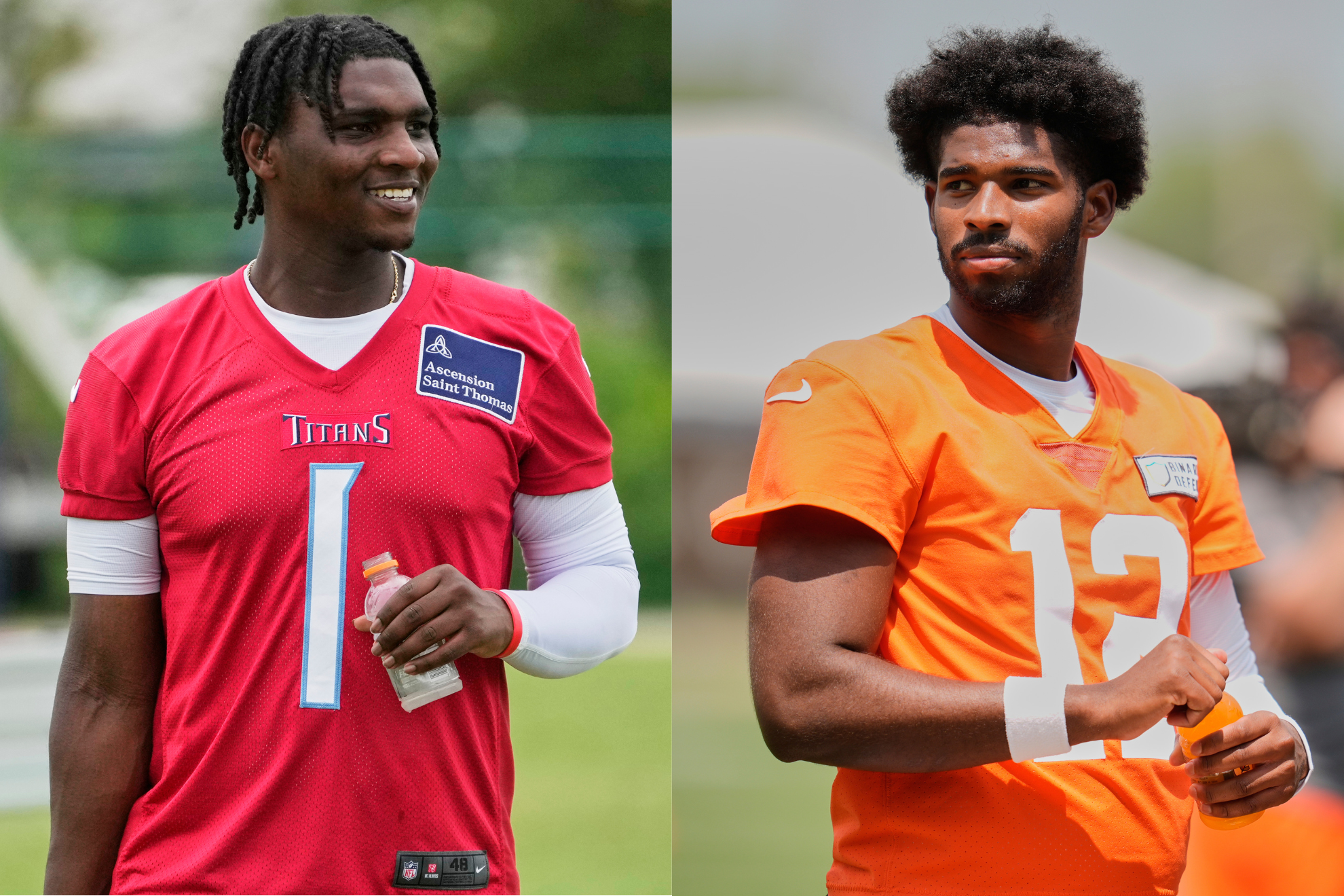 Cam Ward (left) and Shedeur Sanders (right) in their first OTAs of their NFL careers.