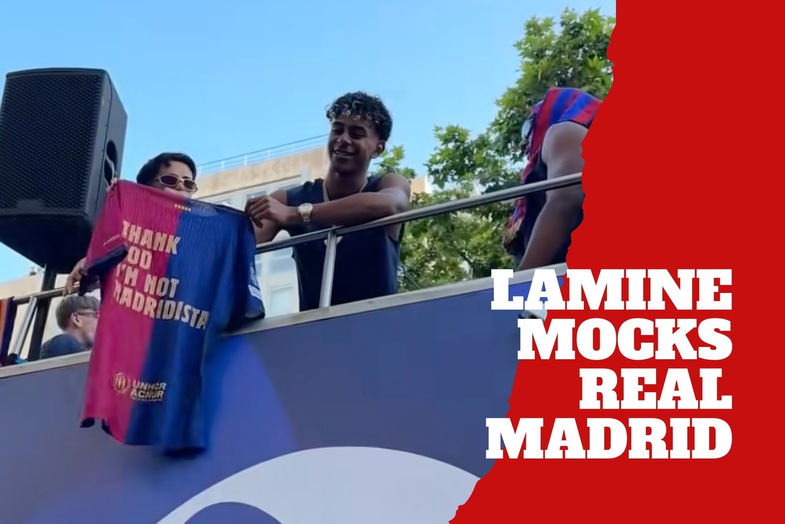 Lamine Yamal went viral during Barcelona’s title parade after showing off a shirt with an anti Madrid message on the back. The young Barça star embraced the moment confidently while celebrating with fans through the city. The clip quickly sparked reactions across social media.