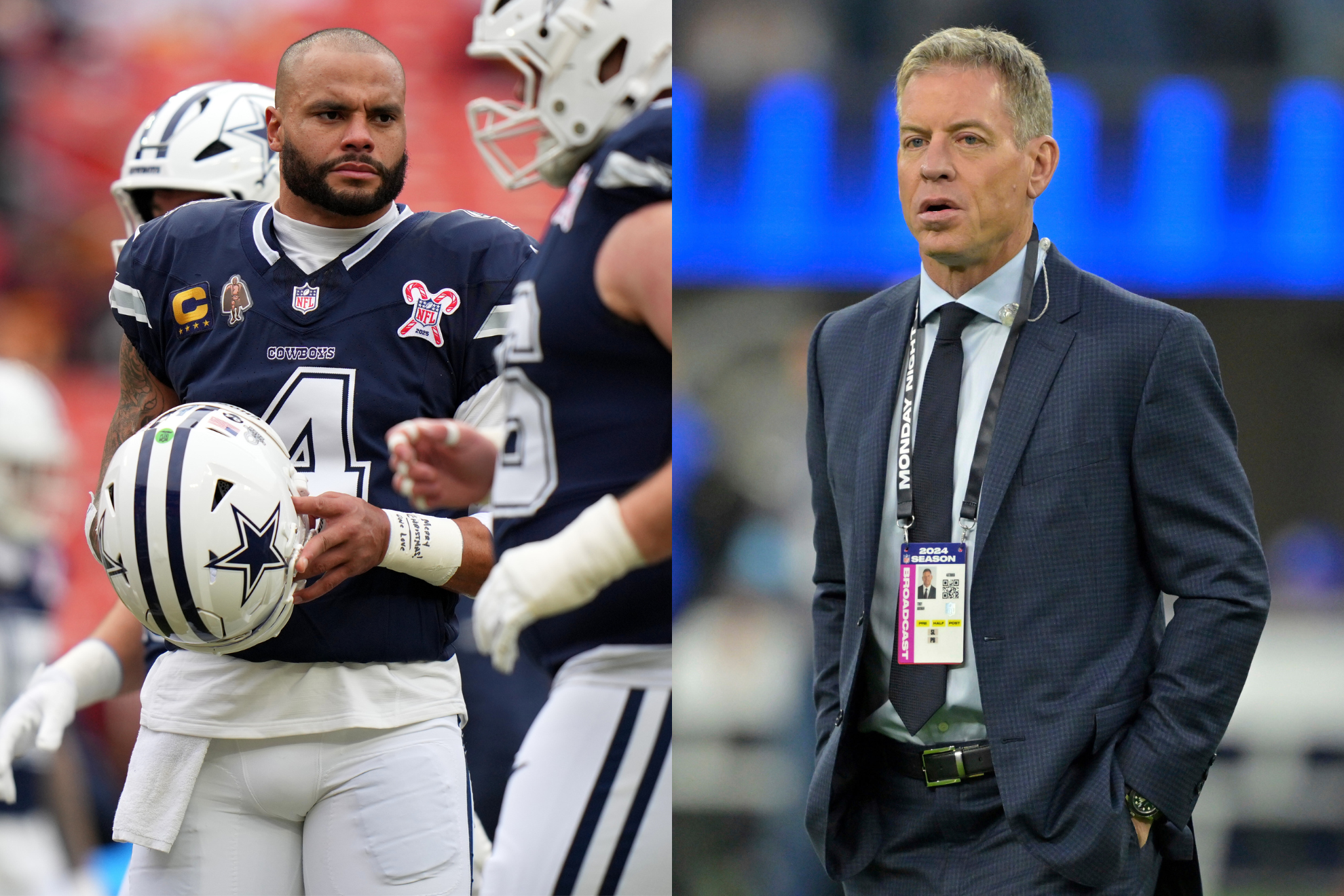 Dak Prescott (left) could use a better defense in 2026, according to Troy Aikman (right).