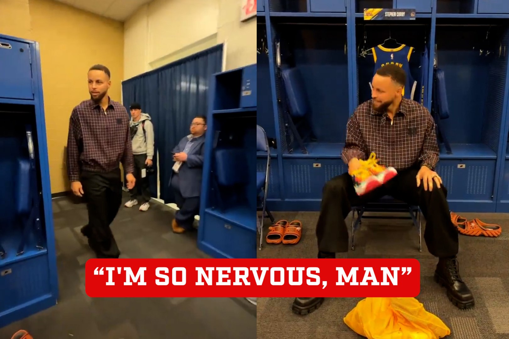 Stephen Curry "nervously" enters the locker room before the three-point challenge against Sabrina Io