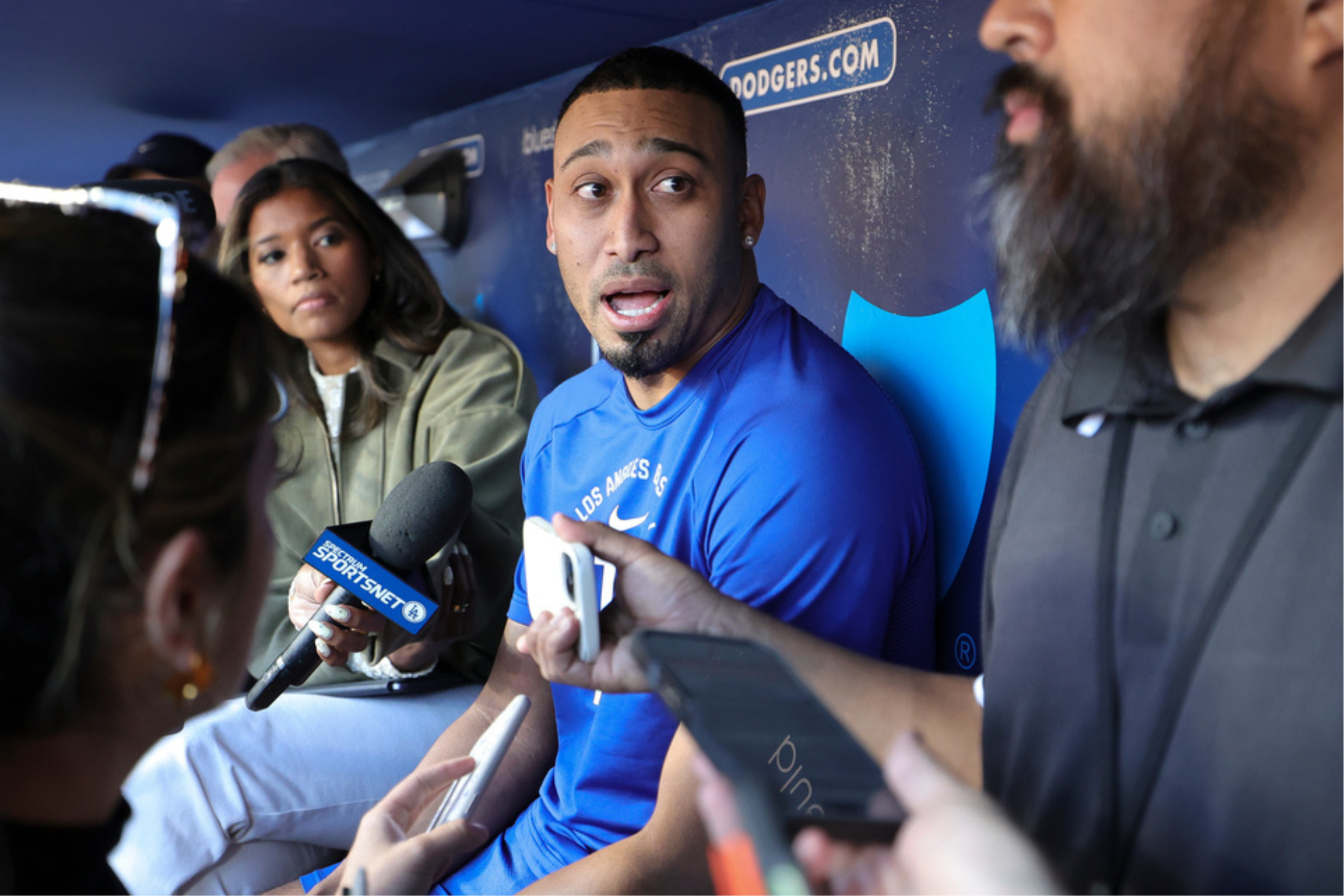 Edwin Diaz speaks with the media following his elbow injury in 2026 while with the Los Angeles Dodgers.