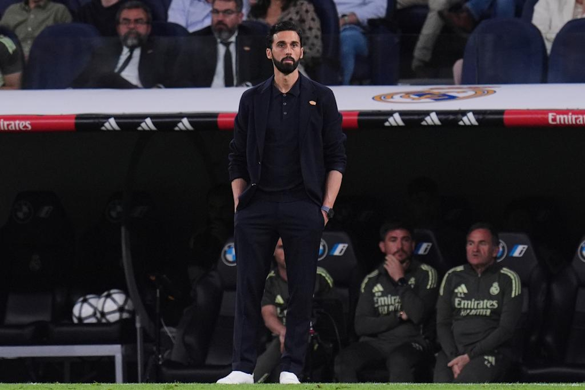 Real Madrid's head coach Alvaro Arbeloa watches the match during a Spanish La Liga soccer match between Real Madrid and Girona in Madrid, Spain, Friday, April 10, 2026. (AP Photo/Manu Fernandez)