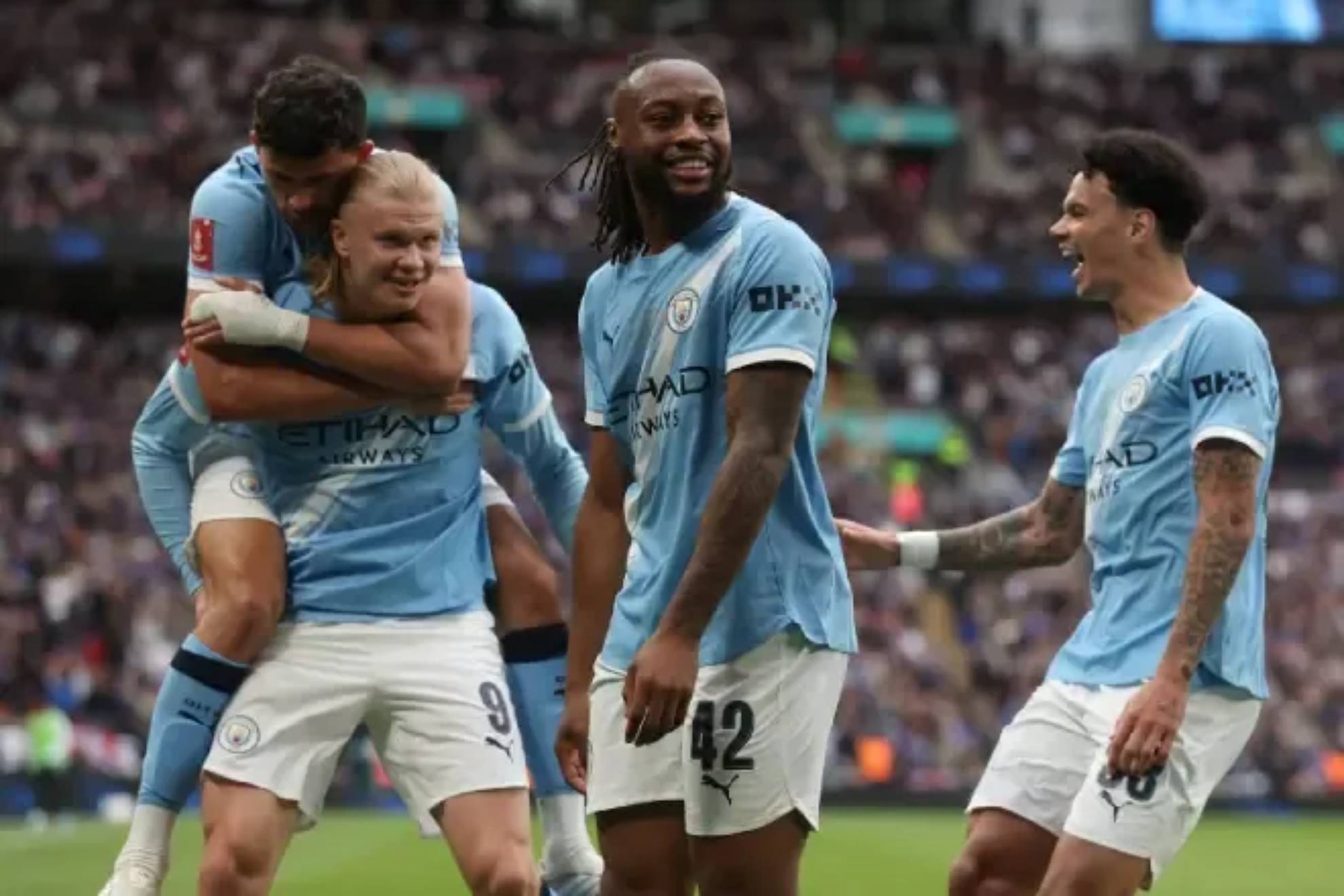 City players celebrate Semeny's goal