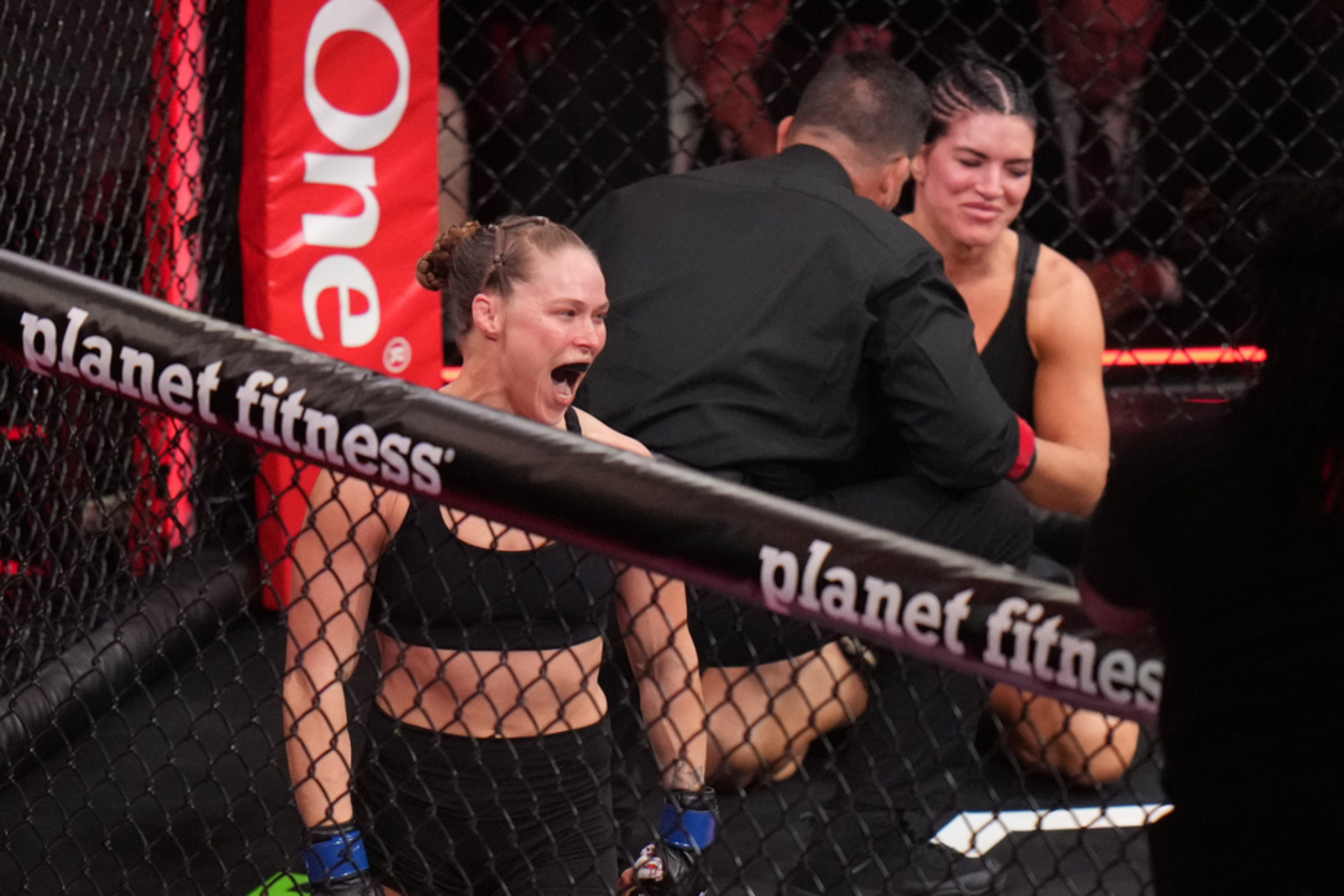 Ronda Rousey smiles after submitting Gina Carano in just 17 seconds.