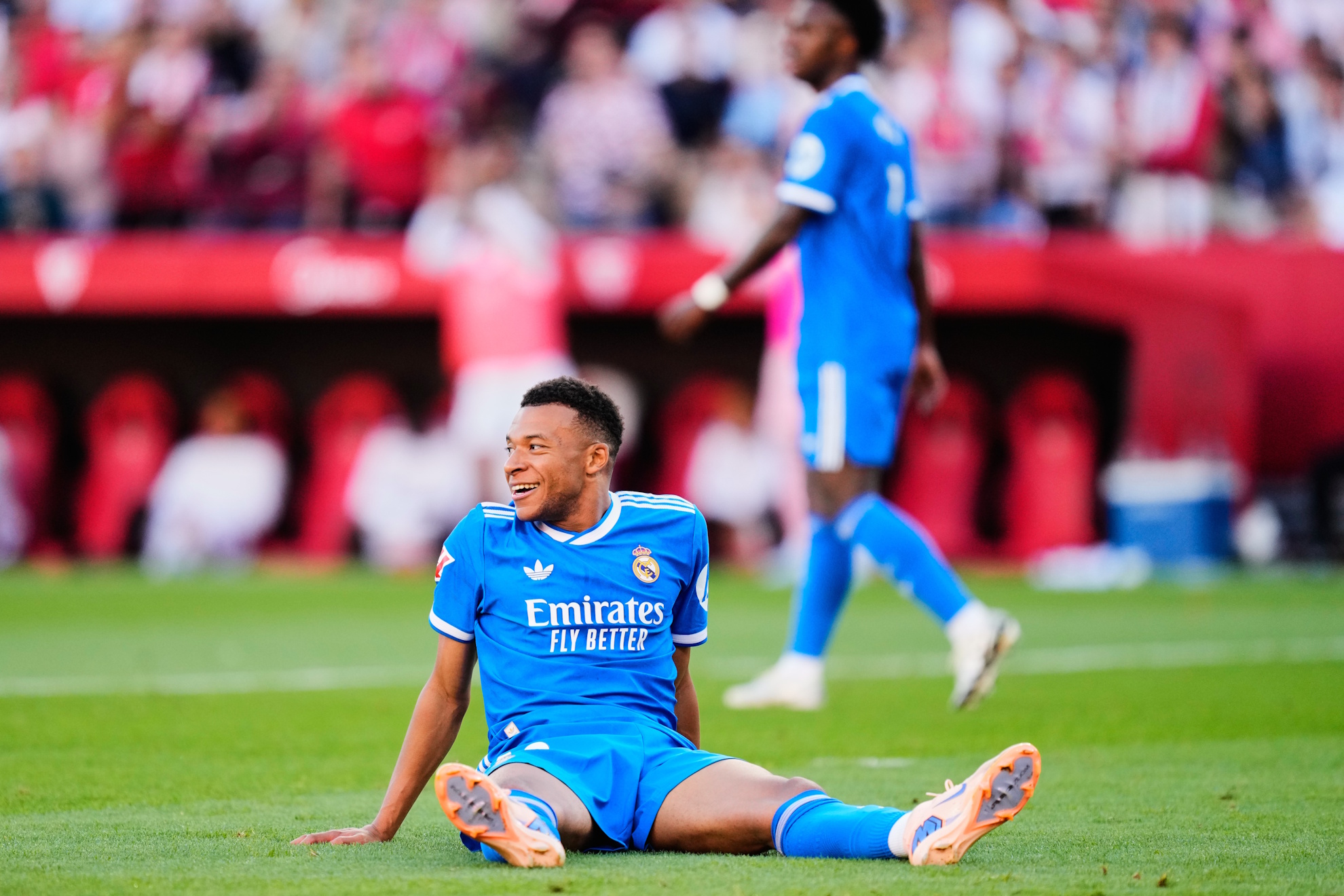 Real Madrid's Kylian Mbappe reacts during the match against Sevilla at the Ramon Sanchez Pizjuan.