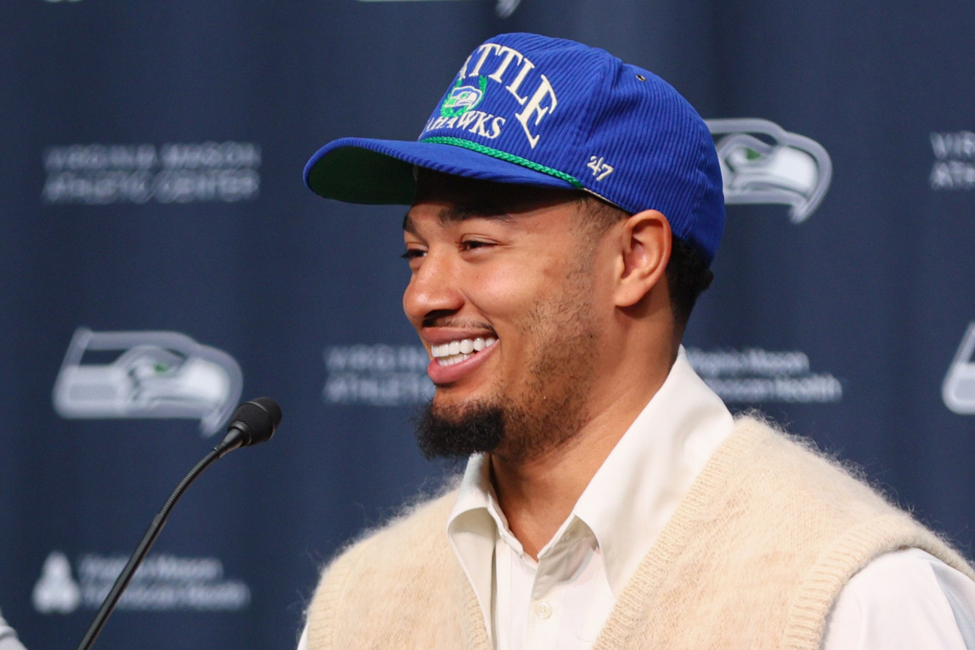 Seattle Seahawks wide receiver Jaxon Smith-Njigba smiles during an NFL football news conference