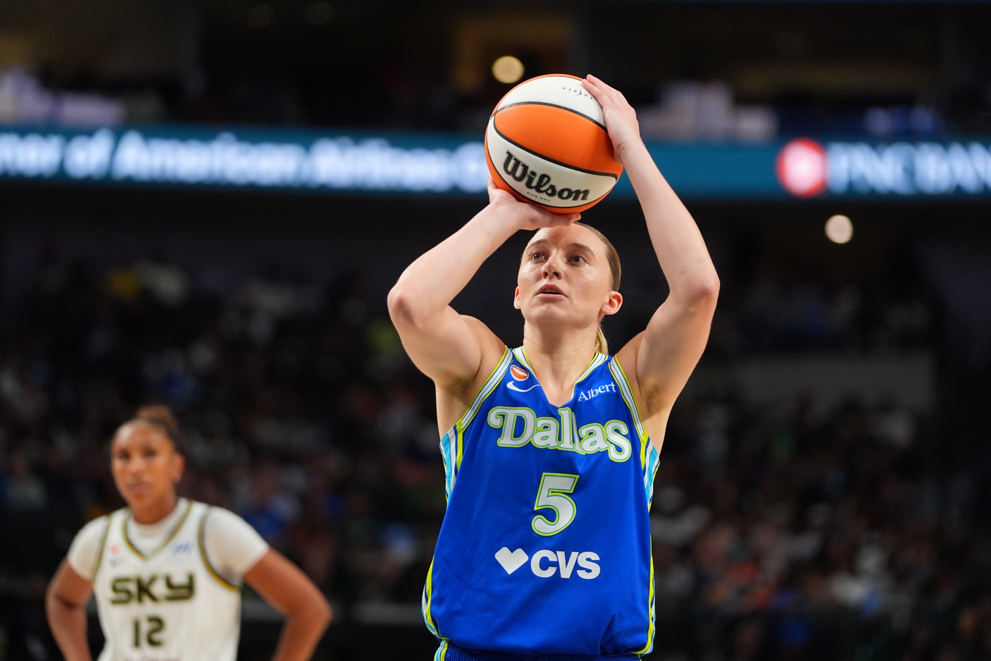 Dallas Wings guard Paige Bueckers during a free throw during a WNBA basketball game against the Chicago Sky