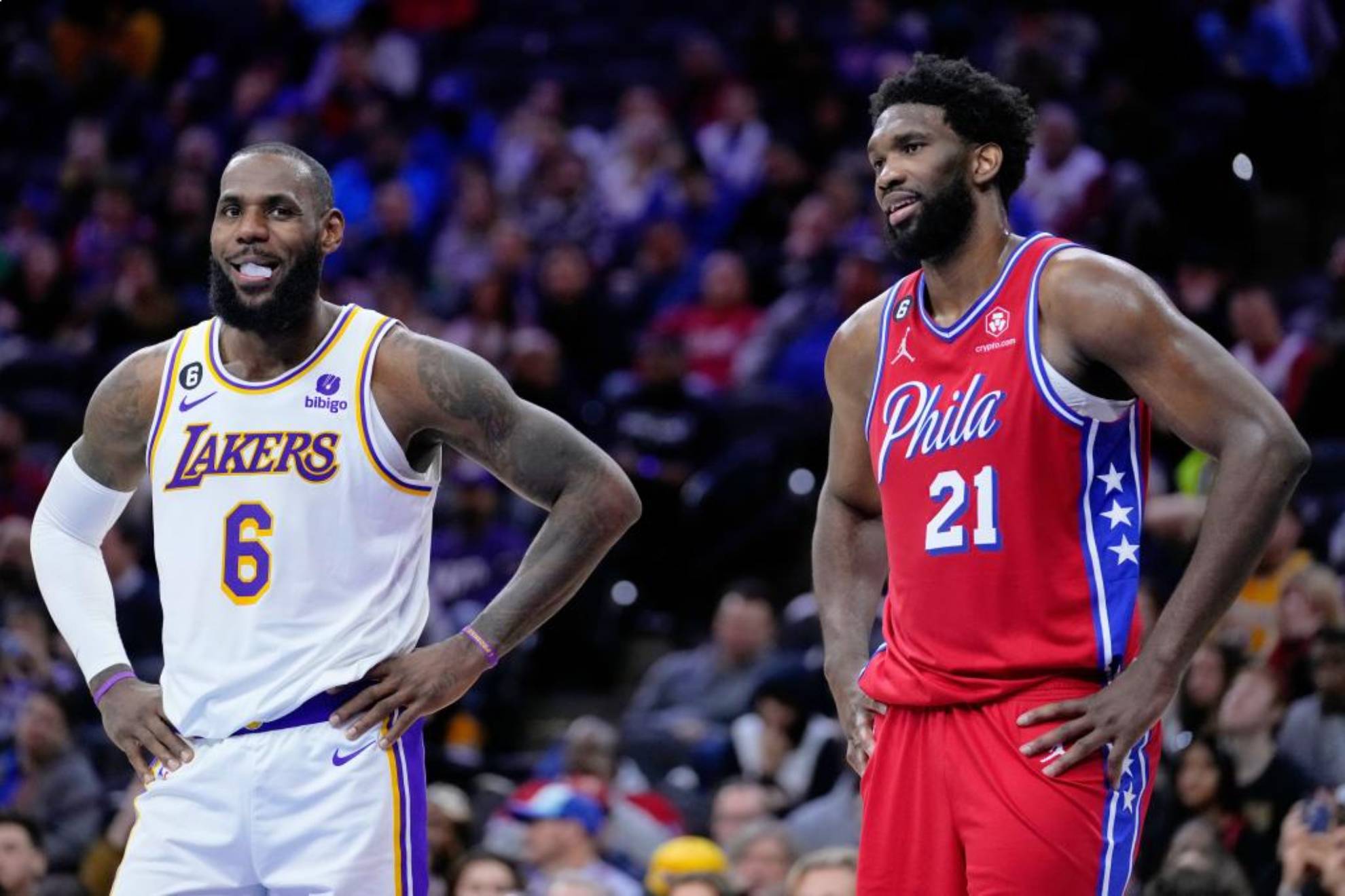 LeBron James and Joel Embiid during an NBA game