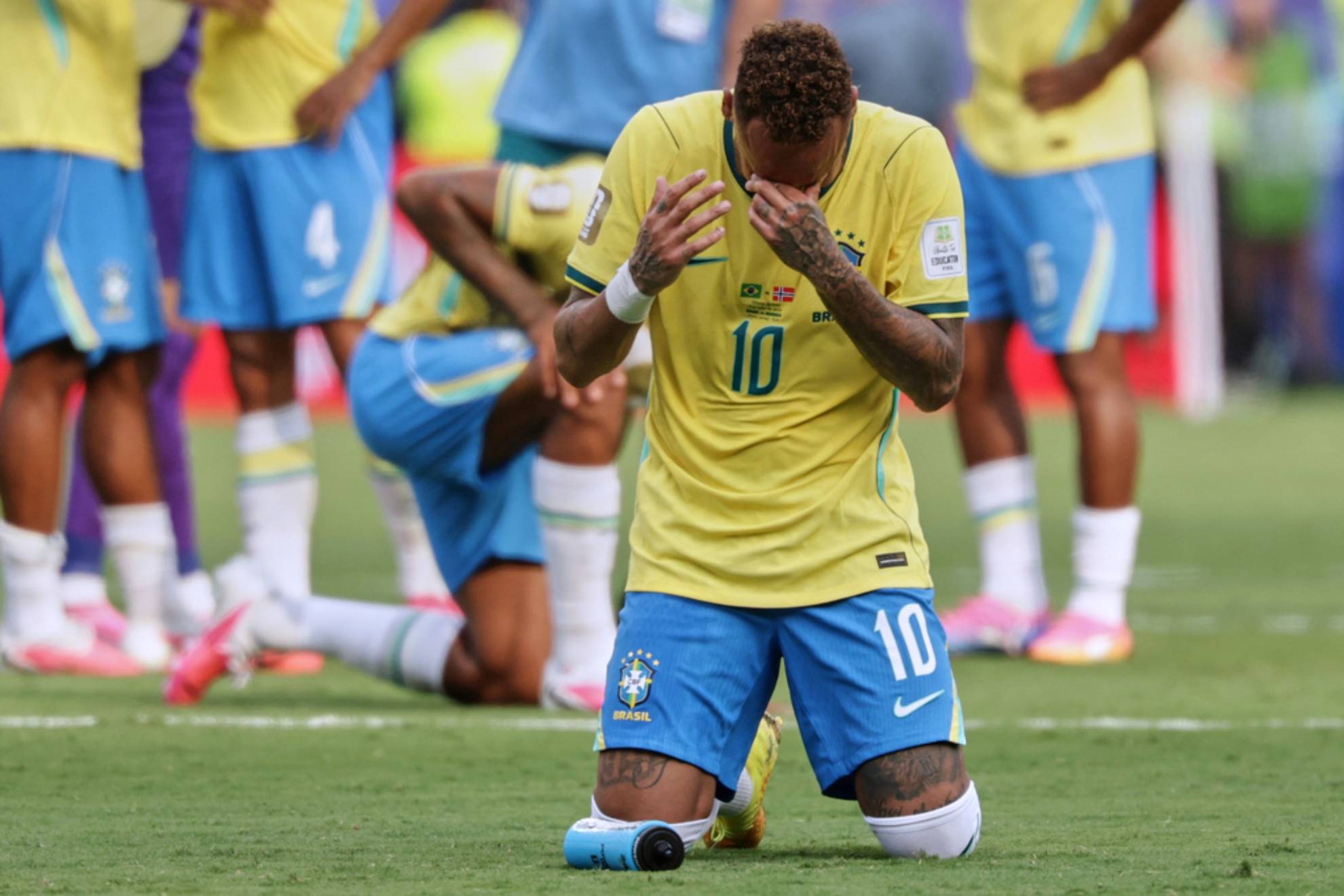 Neymar reacts at the end of the World Cup round of 16 match between Brazil and Norway in East Rutherford, New Jersey
