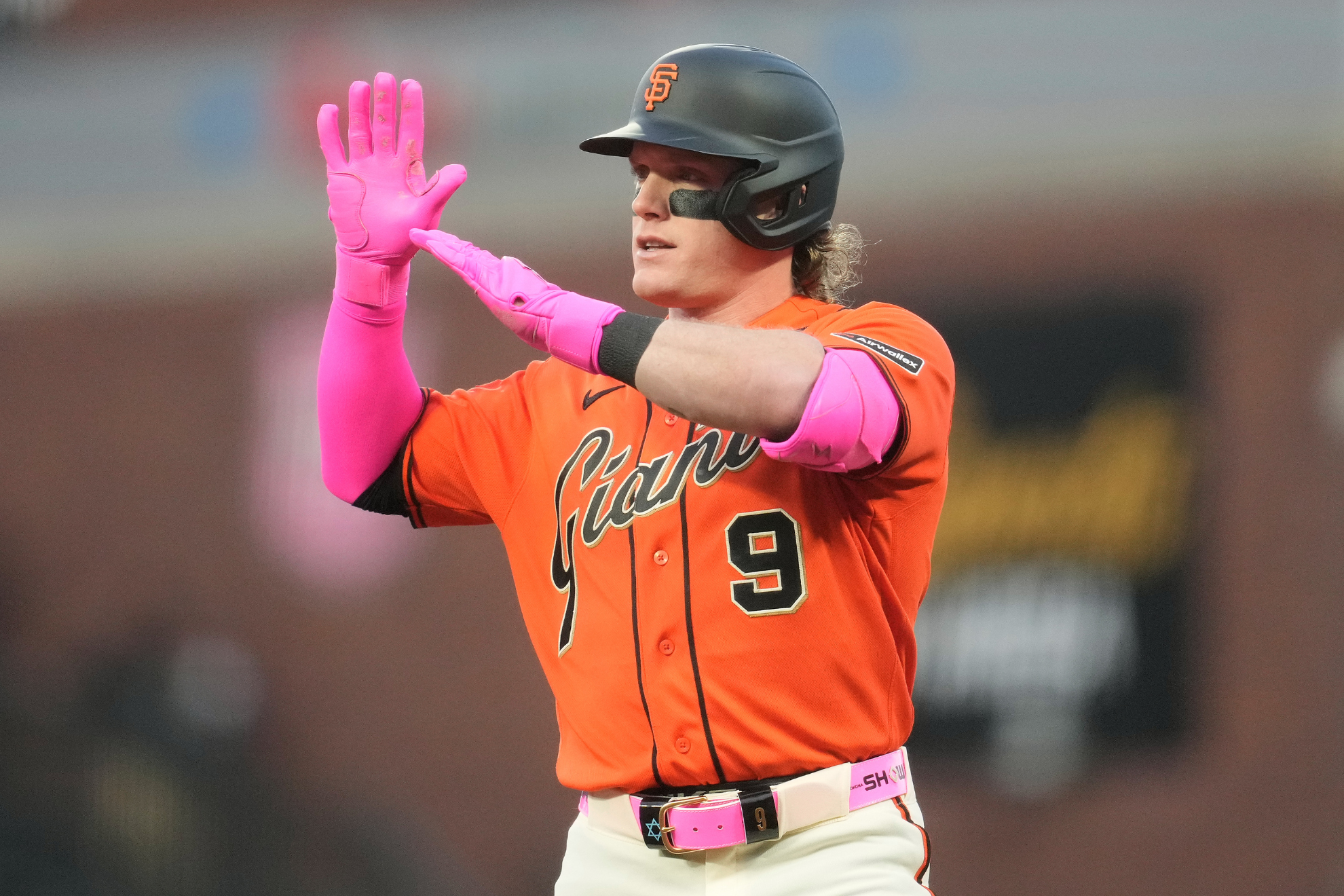 Harrison Bader celebrates a base hit during the 2026 MLB season with the San Francisco Giants.