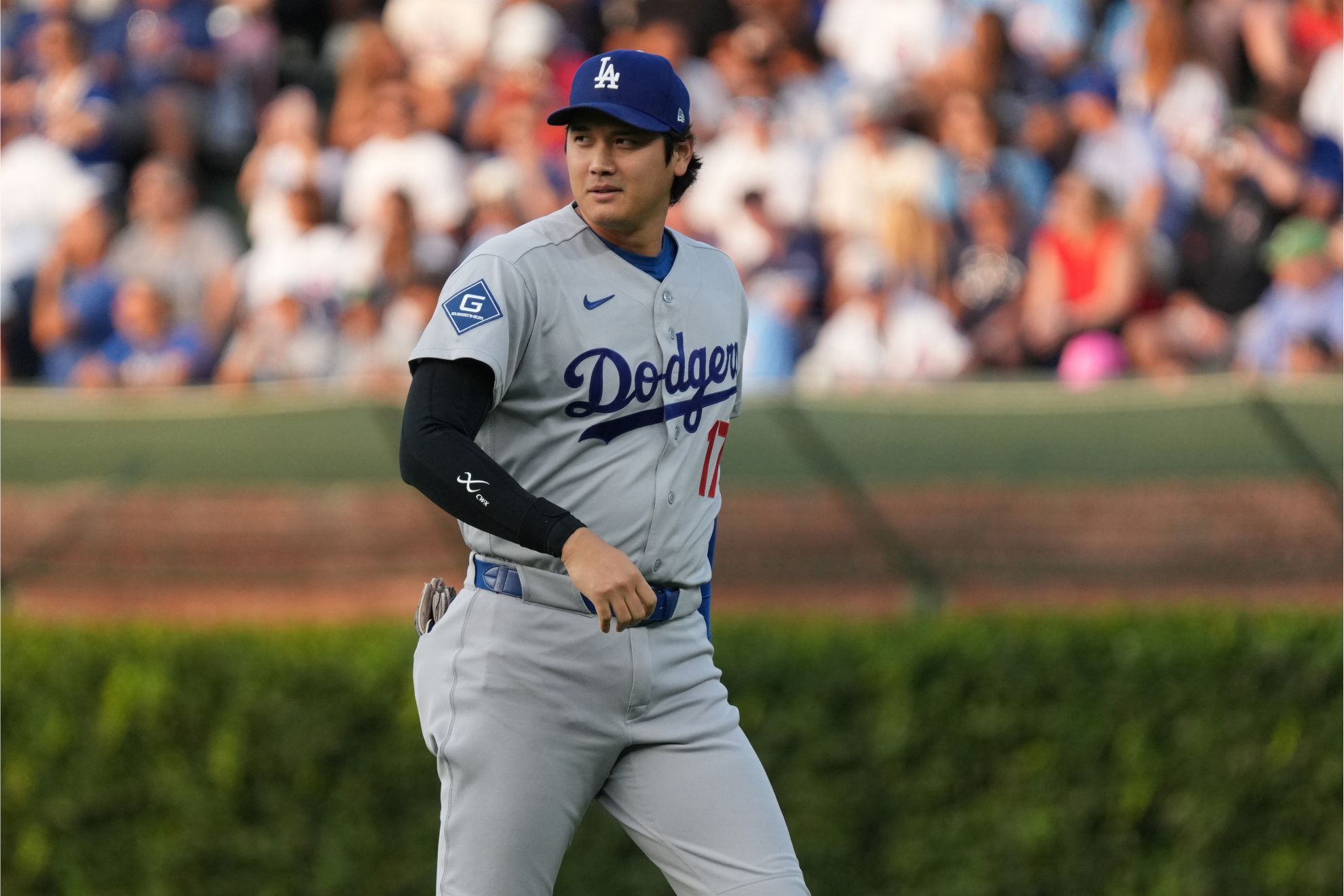 Shohei Ohtani in the outfield before a baseball game against the Chicago Cubs Monday, Aug. 3, 2026