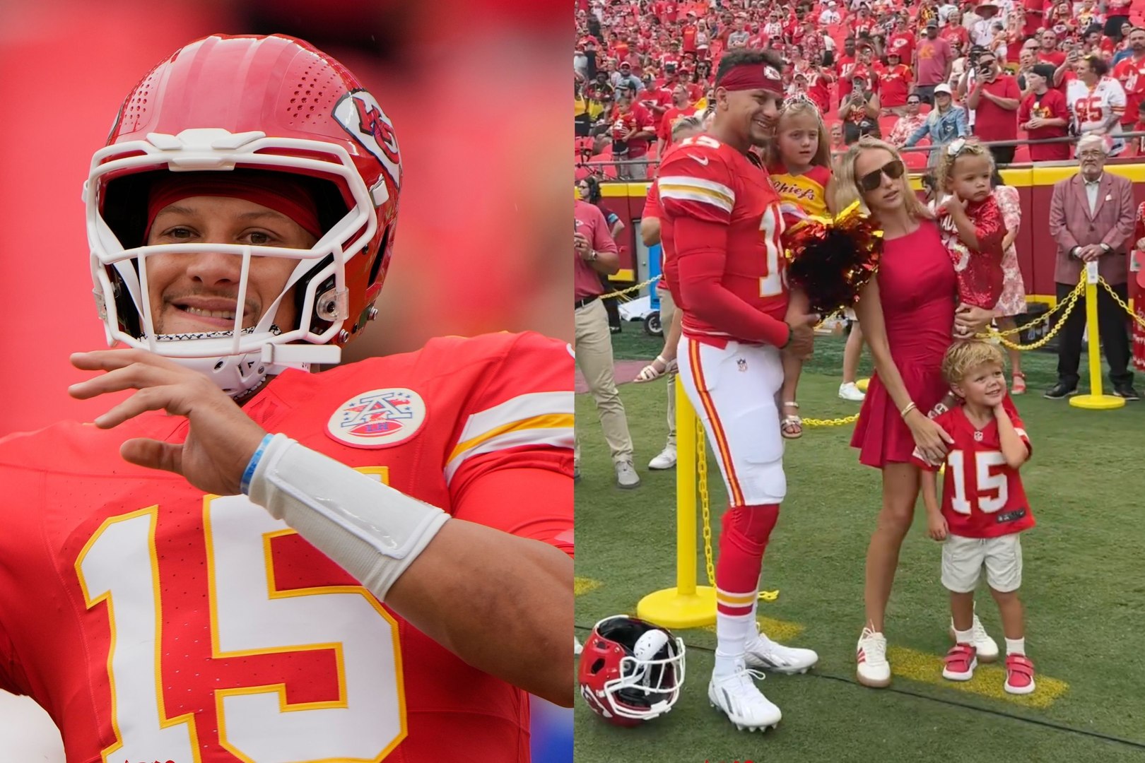 Brittany Mahomes brought Sterling, Bronze and Golden to Arrowhead Stadium for the Chiefs' preseason opener against the Rams, where the family shared a special sideline moment with Patrick. LAPRESSE / IG