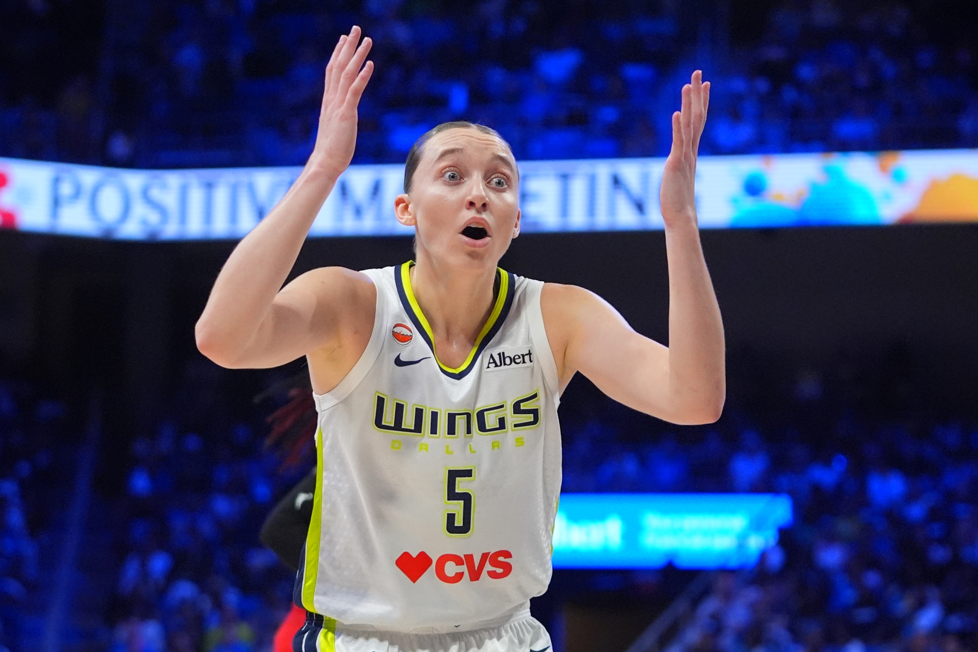 Dallas Wings guard Paige Bueckers reacts to a call during a WNBA game against the Atlanta Dream