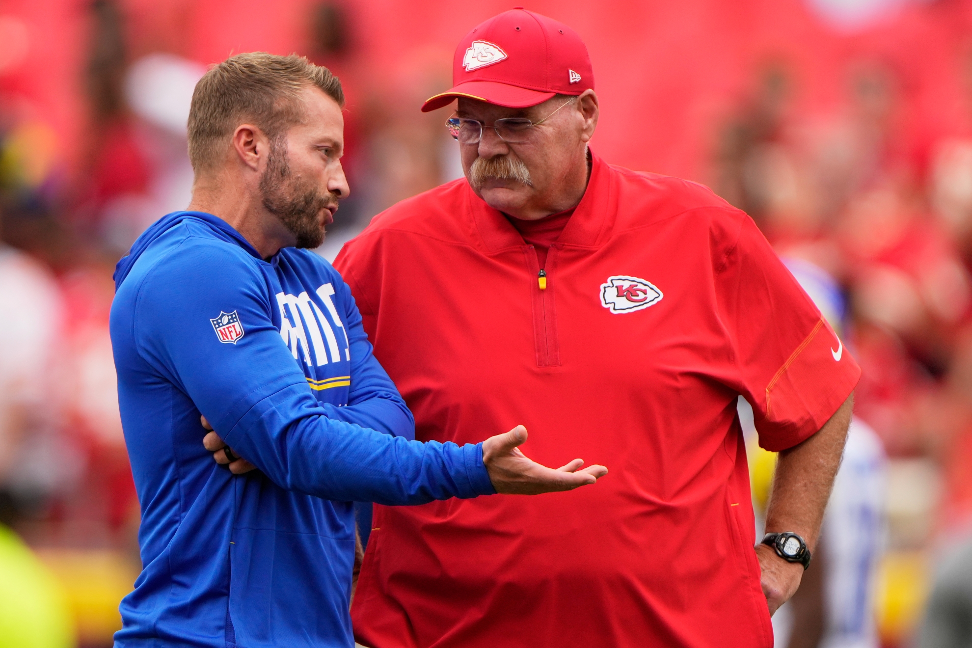 Kansas City Chiefs head coach Andy Reid and Los Angeles Rams head coach Sean McVay meet before an NFL preseason