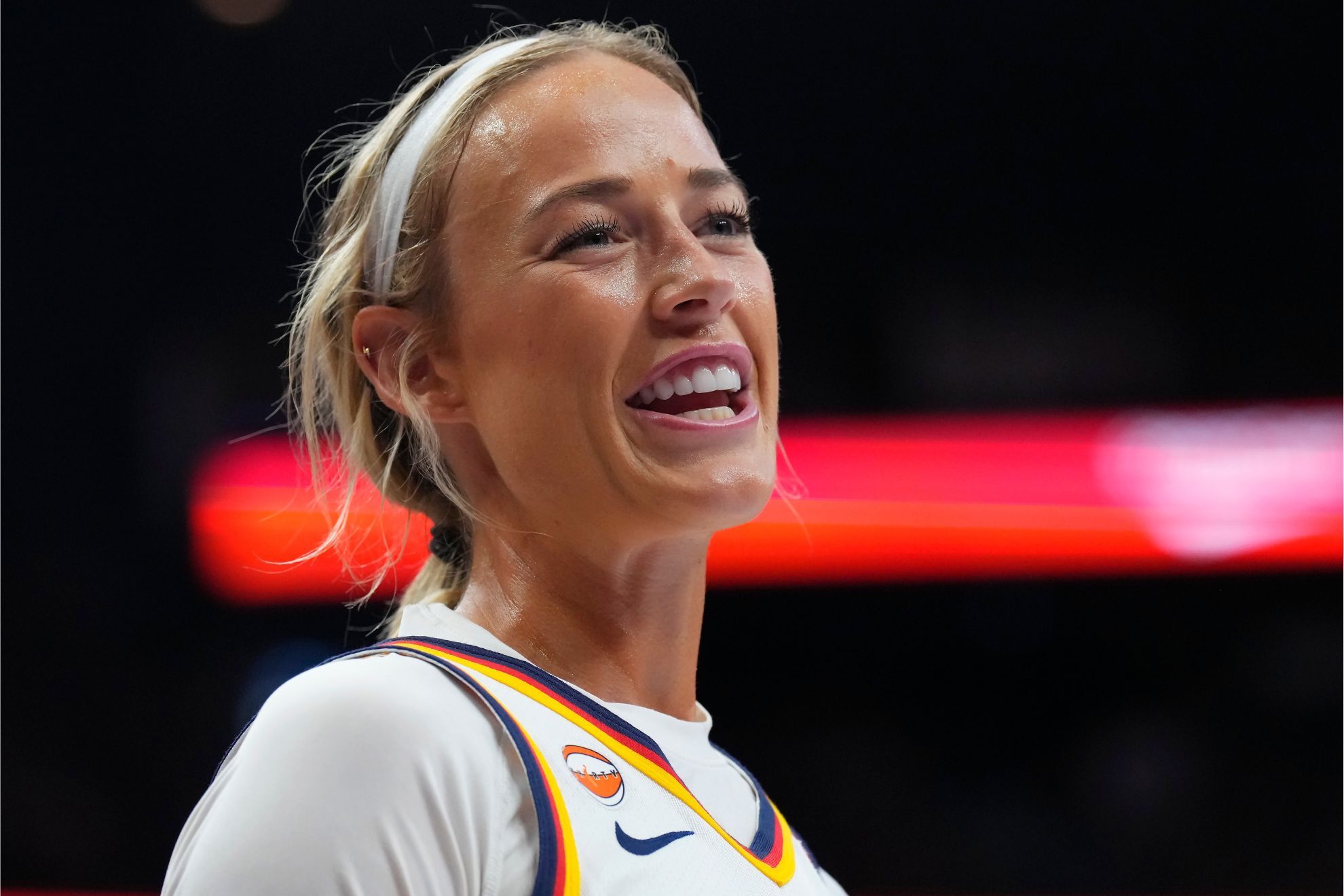 Sophie Cunningham (8) reacts during the first half of a WNBA basketball game