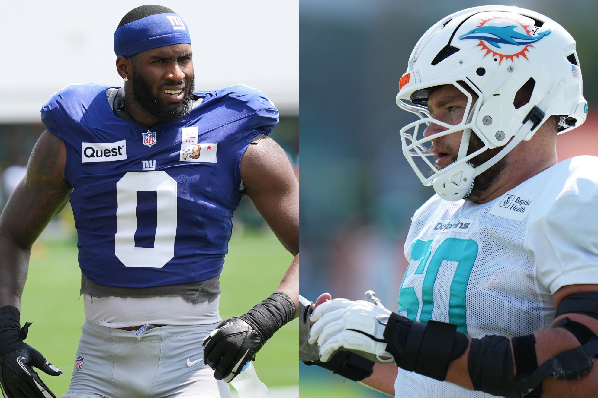 Giants dolphins camp football / Miami Dolphins center Andrew Meyer does drills during a joint NFL football practice