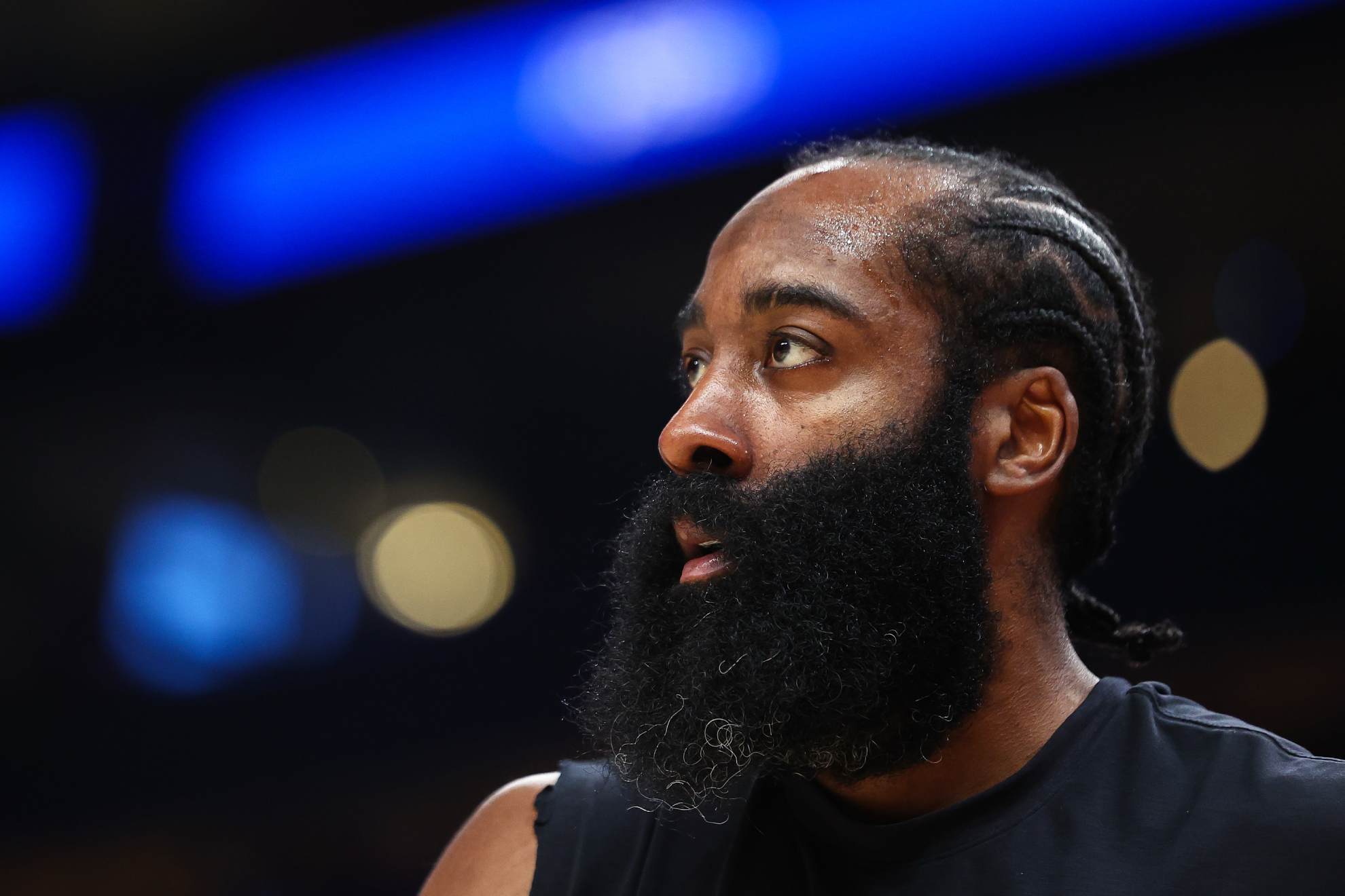 Cleveland Cavaliers guard James Harden warms up before an NBA basketball game against the Atlanta Hawks Colin Hubbard