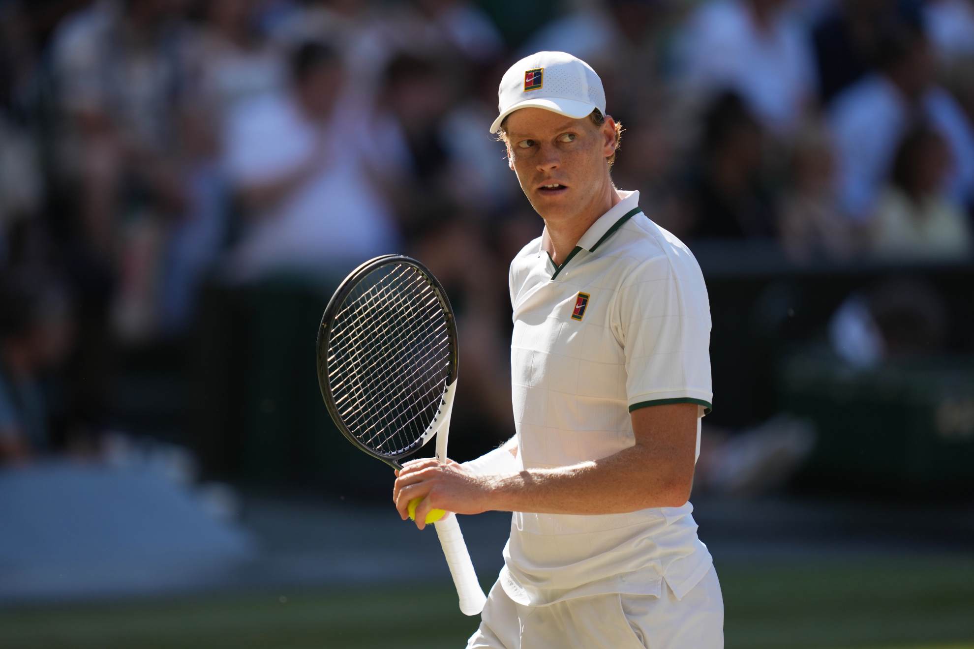 Jannik Sinner, of Italy, celebrates a point against Alexander Zverev, of Germany, in the men's singles final at Wimbledon Tennis Championships in London, July 12, 2026. Kirsty Wigglesworth