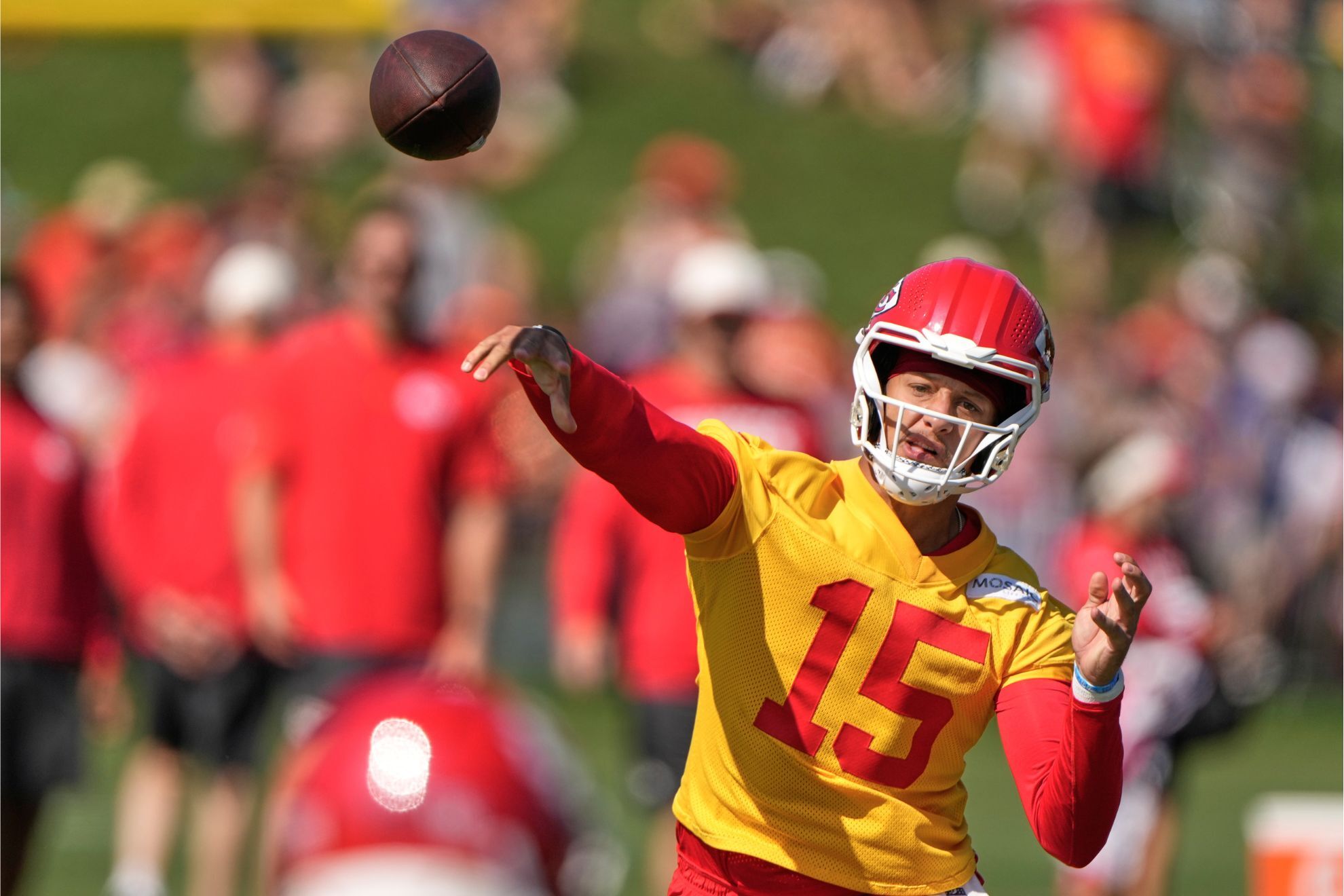 Kansas City Chiefs quarterback Patrick Mahomes throws during NFL football training camp