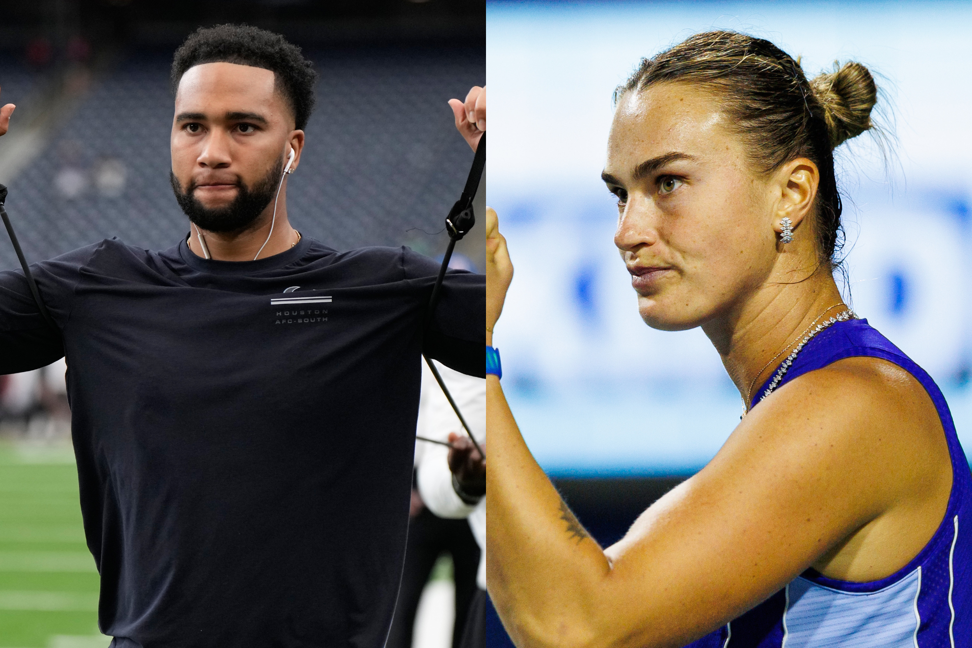 CJ Stroud (left) and Aryna Sabalenka (right) use a similar neural warmup drill. LAPRESSE