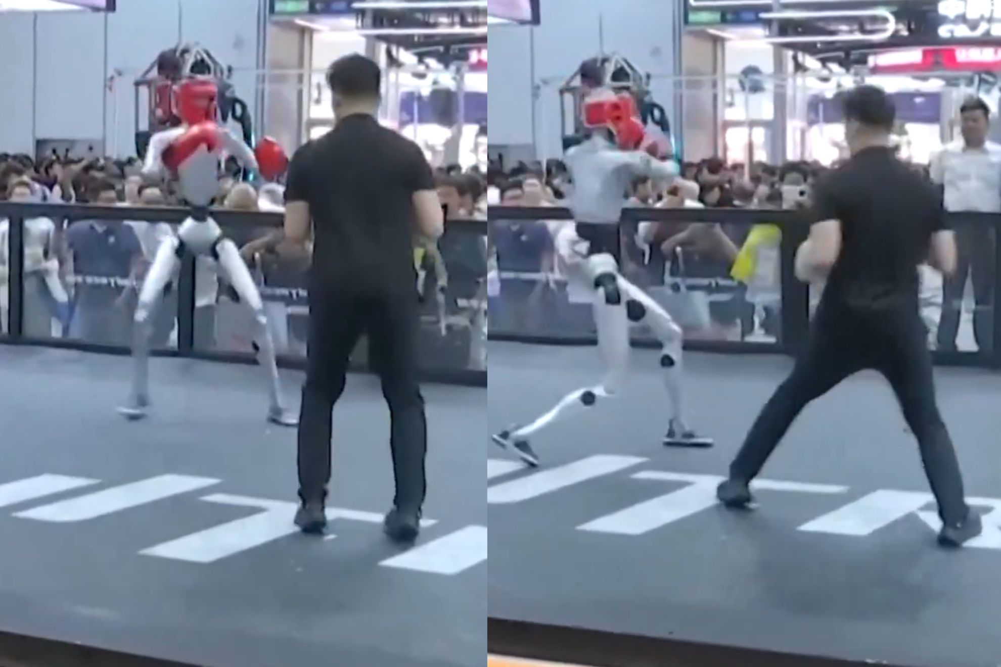 A man steps into the ring and faces a humanoid robot Social Media