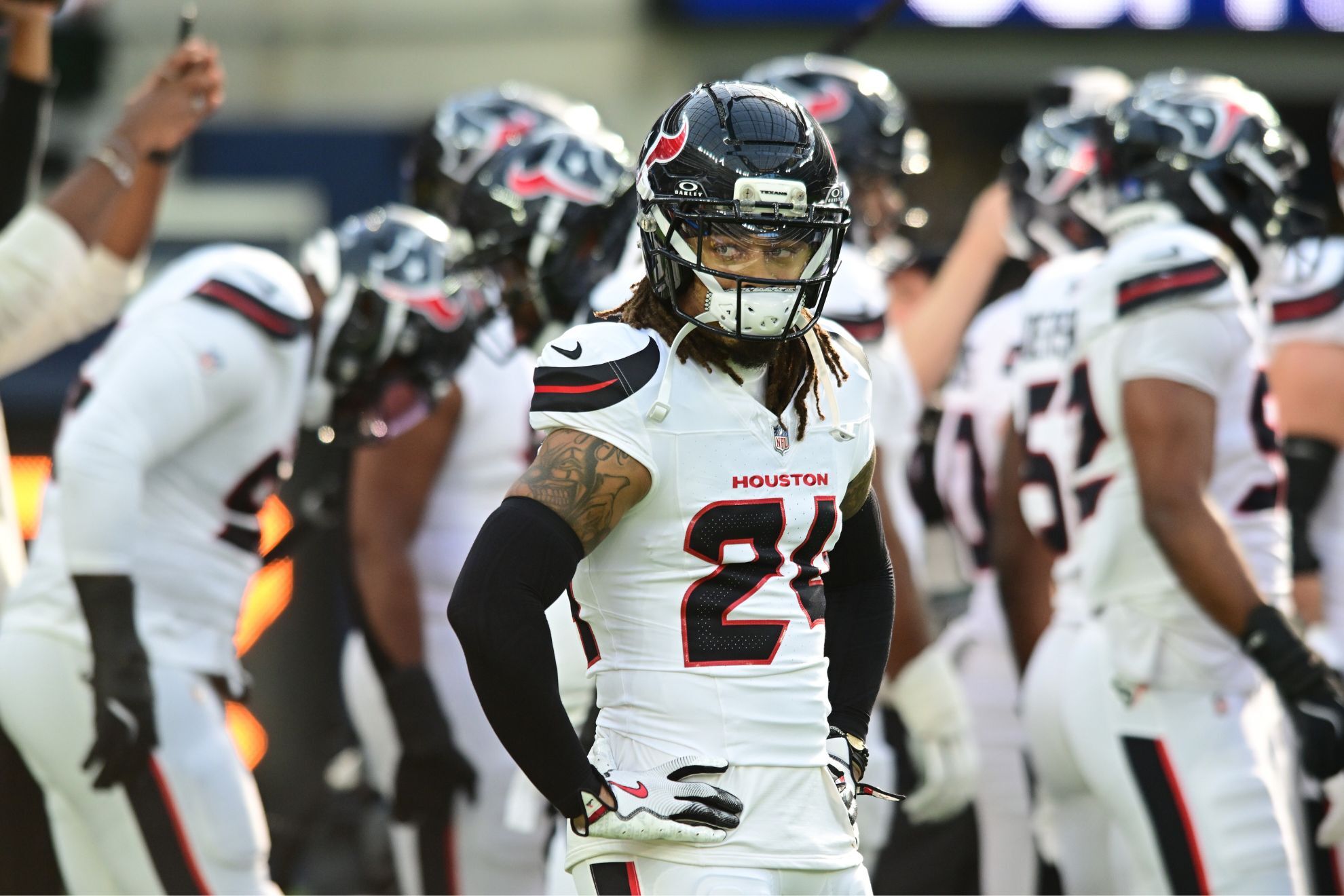 Houston Texans cornerback Derek Stingley Jr. (24) stands on the field before an NFL football game