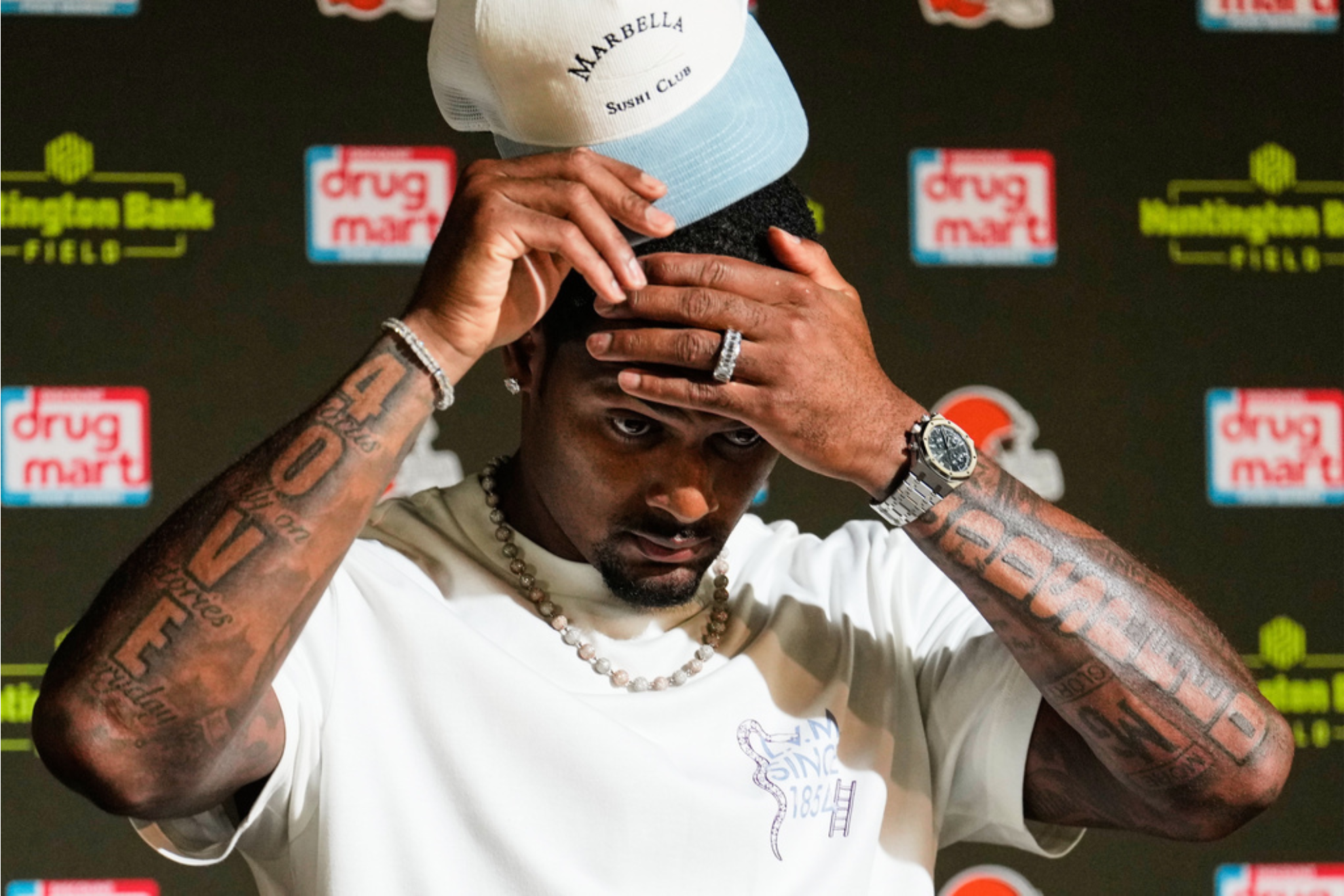 Deshaun Watson speaks to the media following a preseason game between the Cleveland Browns and Buffalo Bills. LAPRESSE