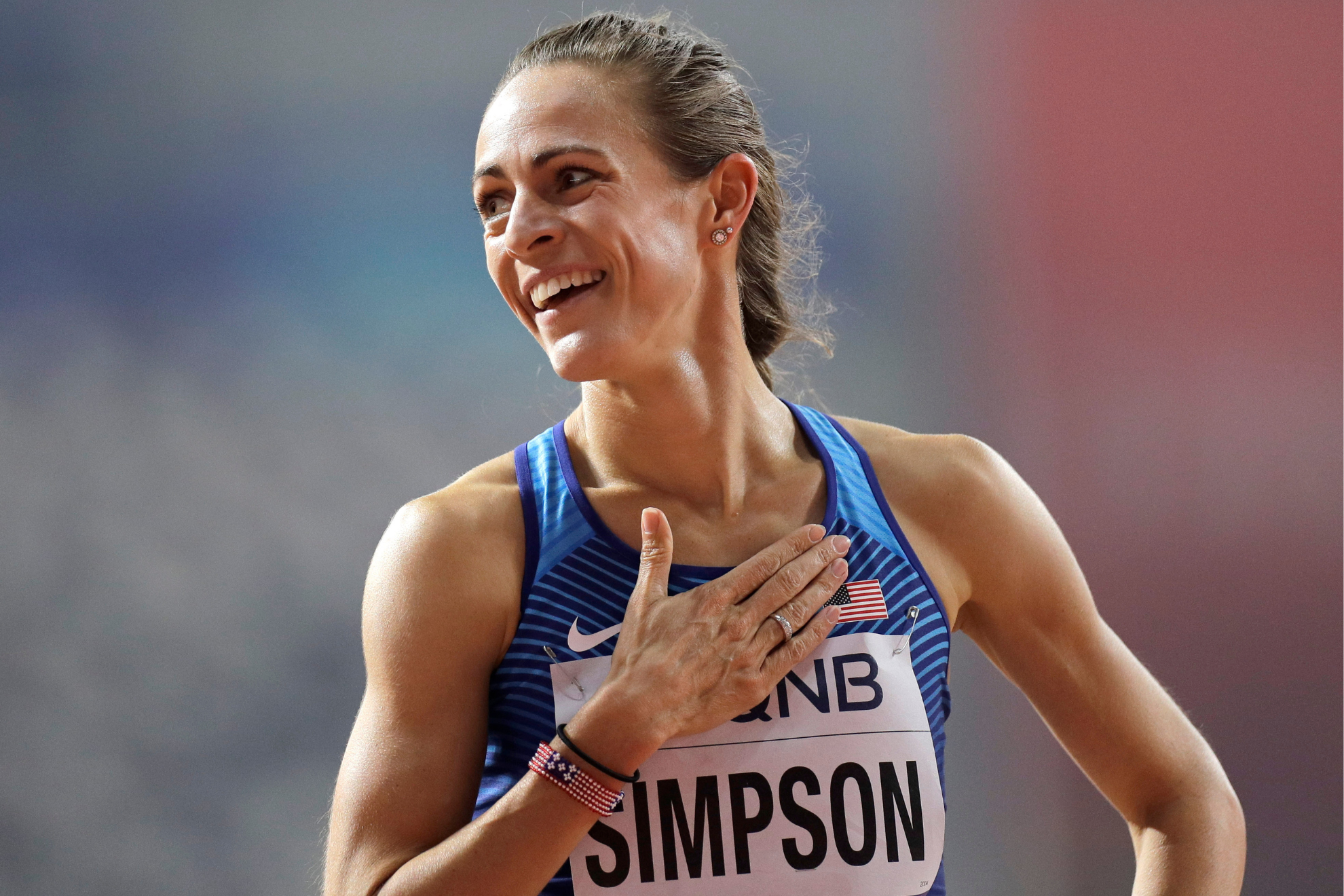 Jenny Simpson of the United States reacts after finishing women's 1500 meter heats at the World Athletics Championships in Doha, Qatar, Wednesday, Oct. 2, 2019. LAPRESSE