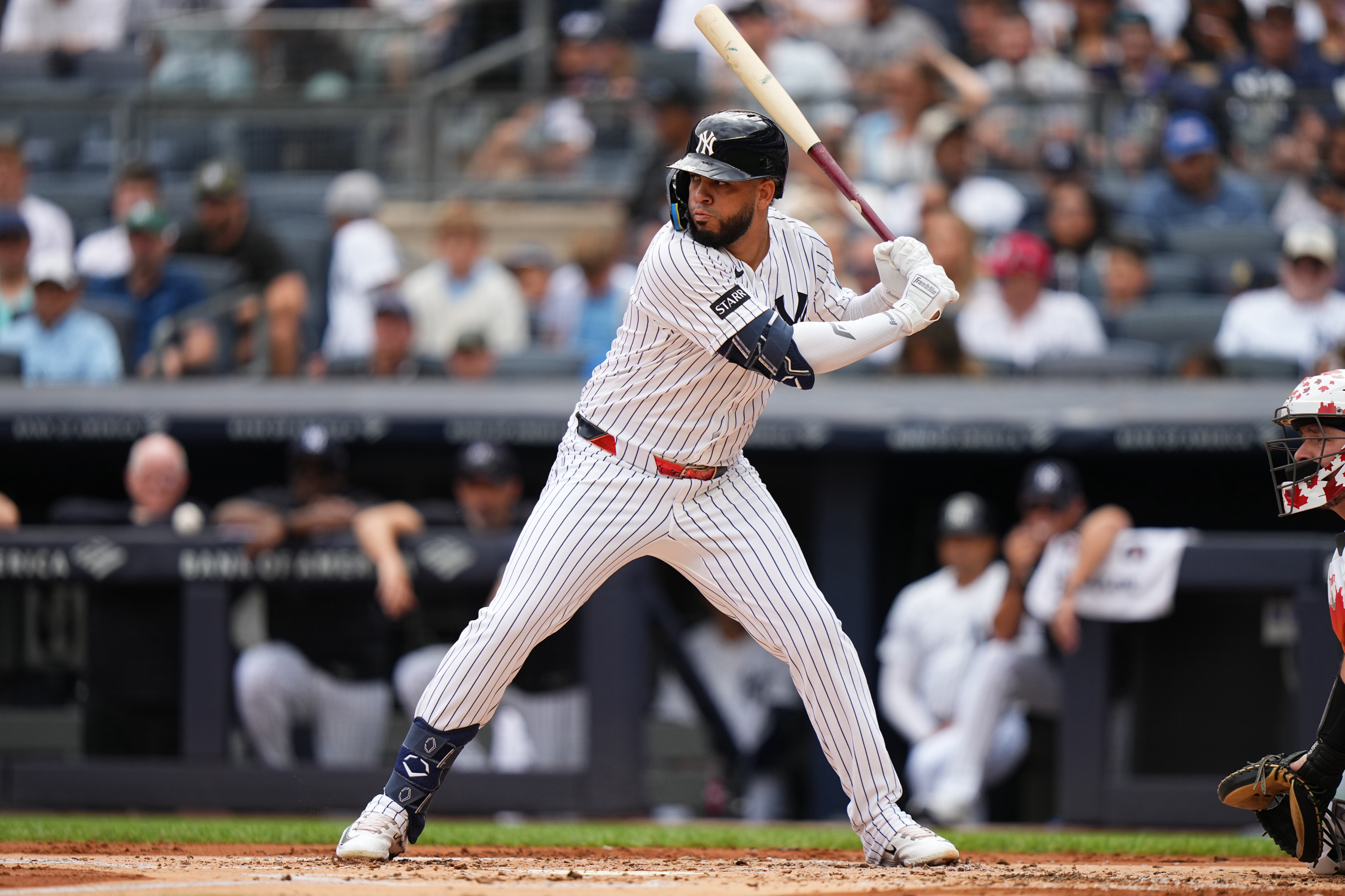 New York Yankees' Luis García Jr. during the first inning of a baseball game against the Toronto Blue Jays Saturday, Aug. 22, 2026, in New York. (AP Photo/Frank Franklin II) AP Photo/Frank Franklin II