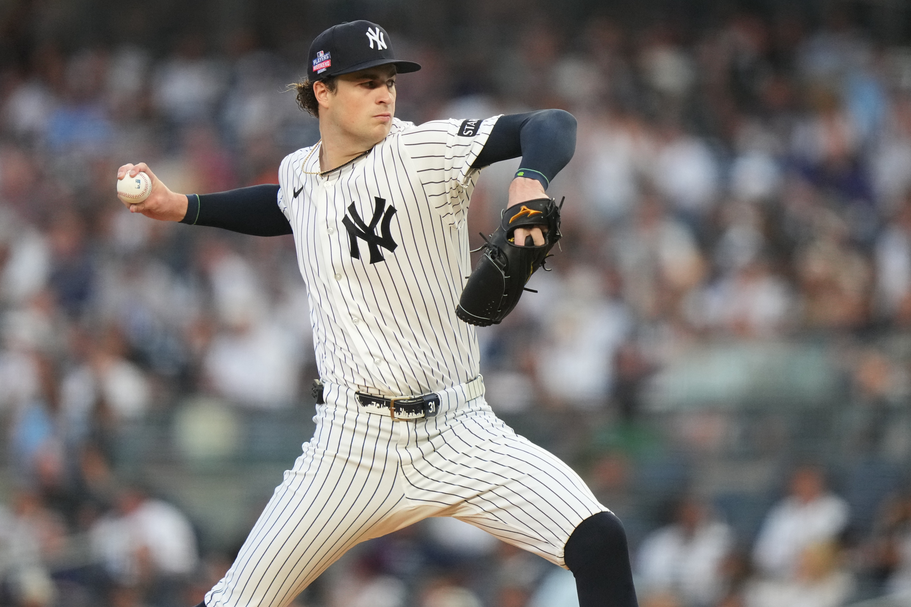 New York Yankees' Cam Schlittler pitches during the first inning of a baseball game against the Toronto Blue Jays Friday, Aug. 21, 2026, in New York. (AP Photo/Frank Franklin II) AP Photo/Frank Franklin II
