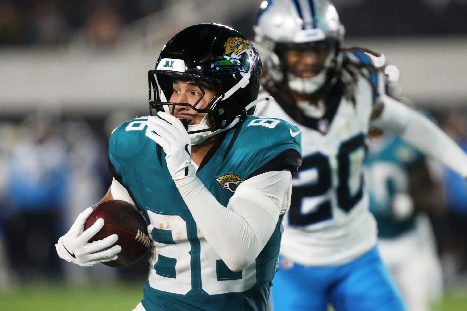 Jacksonville Jaguars wide receiver Trebor Pena runs for a touchdown against the Carolina Panthers during the second half of an NFL preseason football game, Friday, Aug. 21, 2026, in Jacksonville, Fla. AP