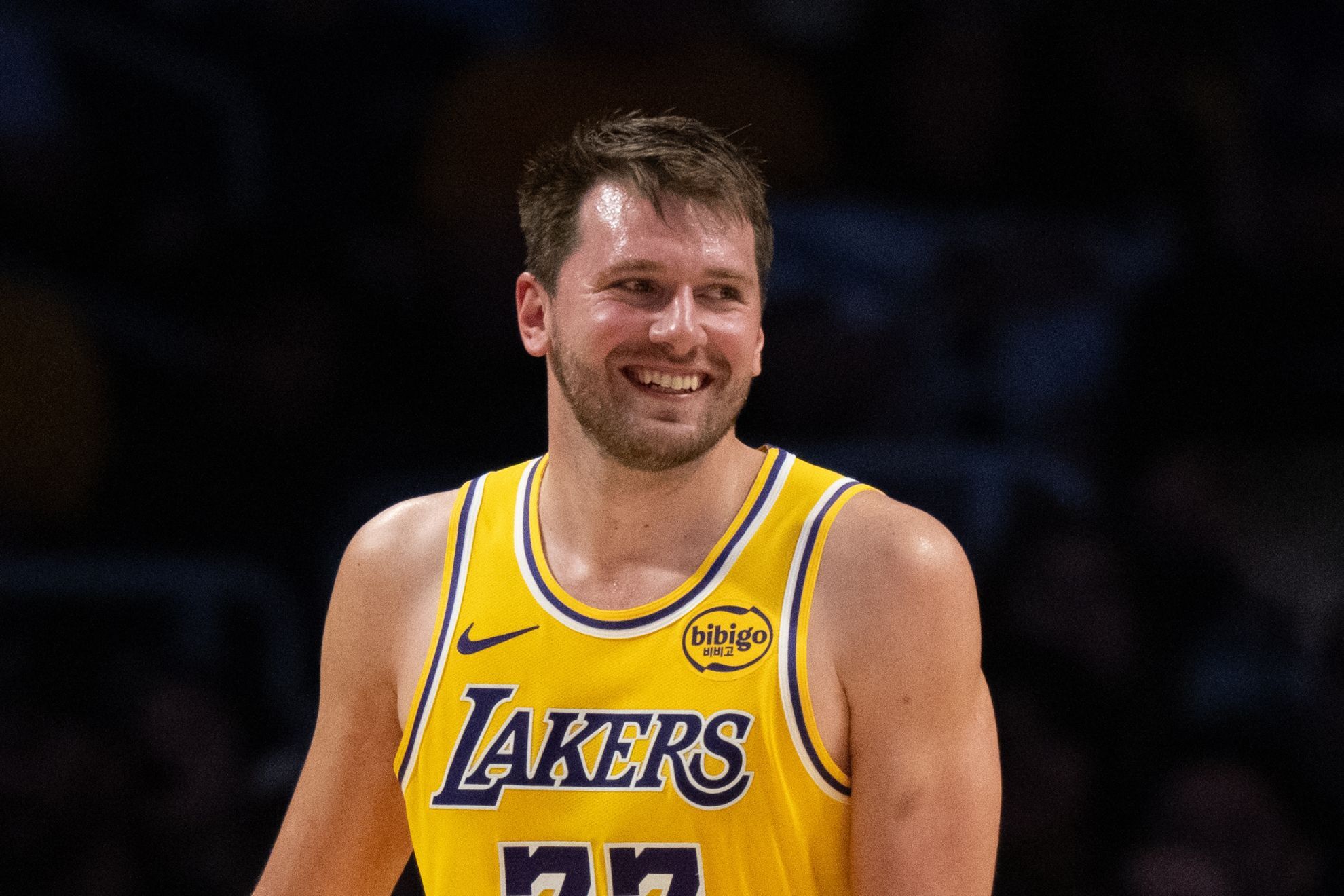 Los Angeles Lakers guard Luka Doncic smiles during an NBA basketball game against the Denver Nuggets in Los Angeles, Saturday, March 14, 2026