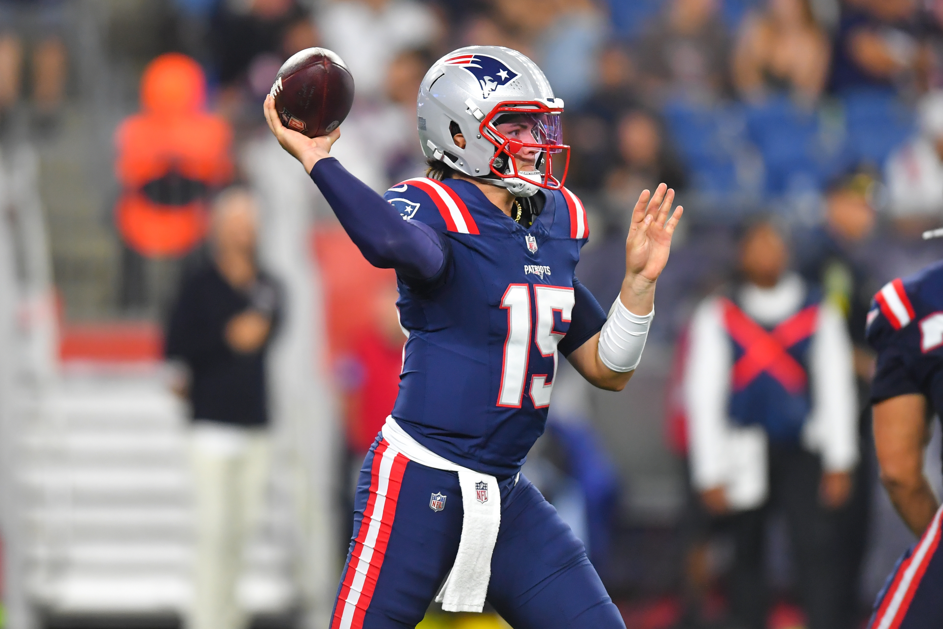 New England Patriots quarterback Behren Morton throws against the Philadelphia Eagles during the second half of an NFL preseason football game, Saturday, Aug. 22, 2026, in Foxborough, Mass. (AP Photo/Steven Senne) Steven Senne