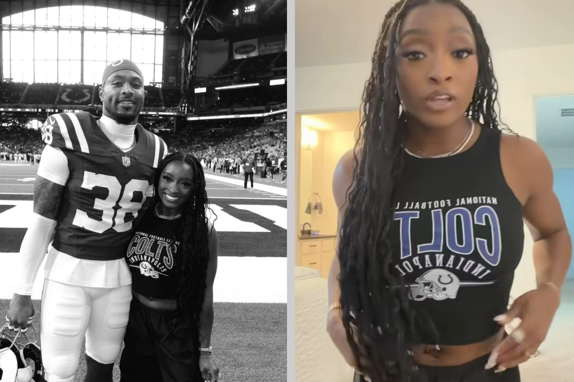 The legend of Olympic gymnastics once again drew all eyes in the NFL stands by debuting the colors of the Indianapolis Colts. instagram@simonebiles