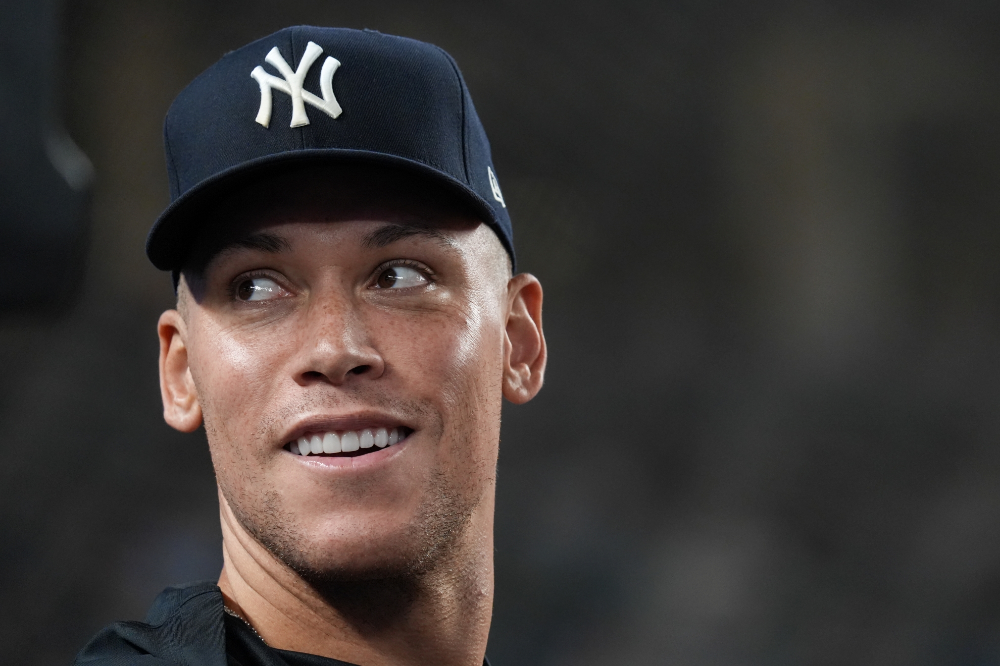 New York Yankees' Aaron Judge smiles towards fans during a baseball game against the Houston Astros,