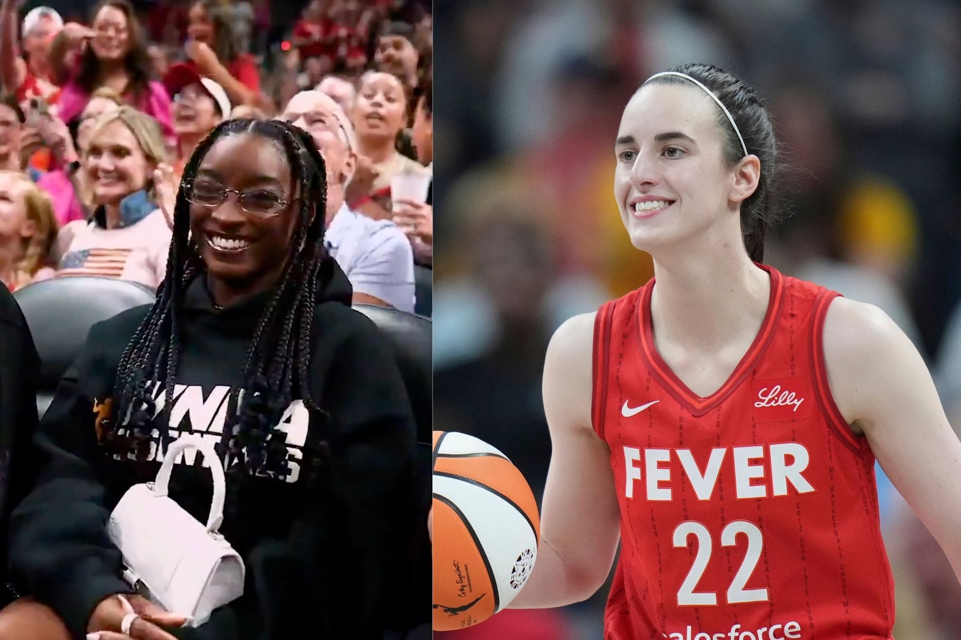 Simone Biles courtside to watch the Fever / Caitlin Clark during the WNBA game