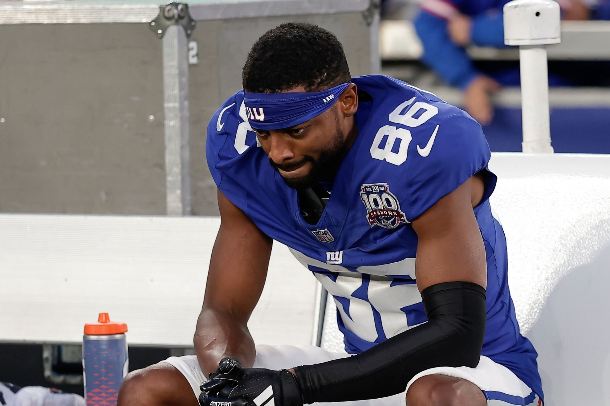 New York Giants wide receiver Darius Slayton (86) sits on the bench after an NFL football game