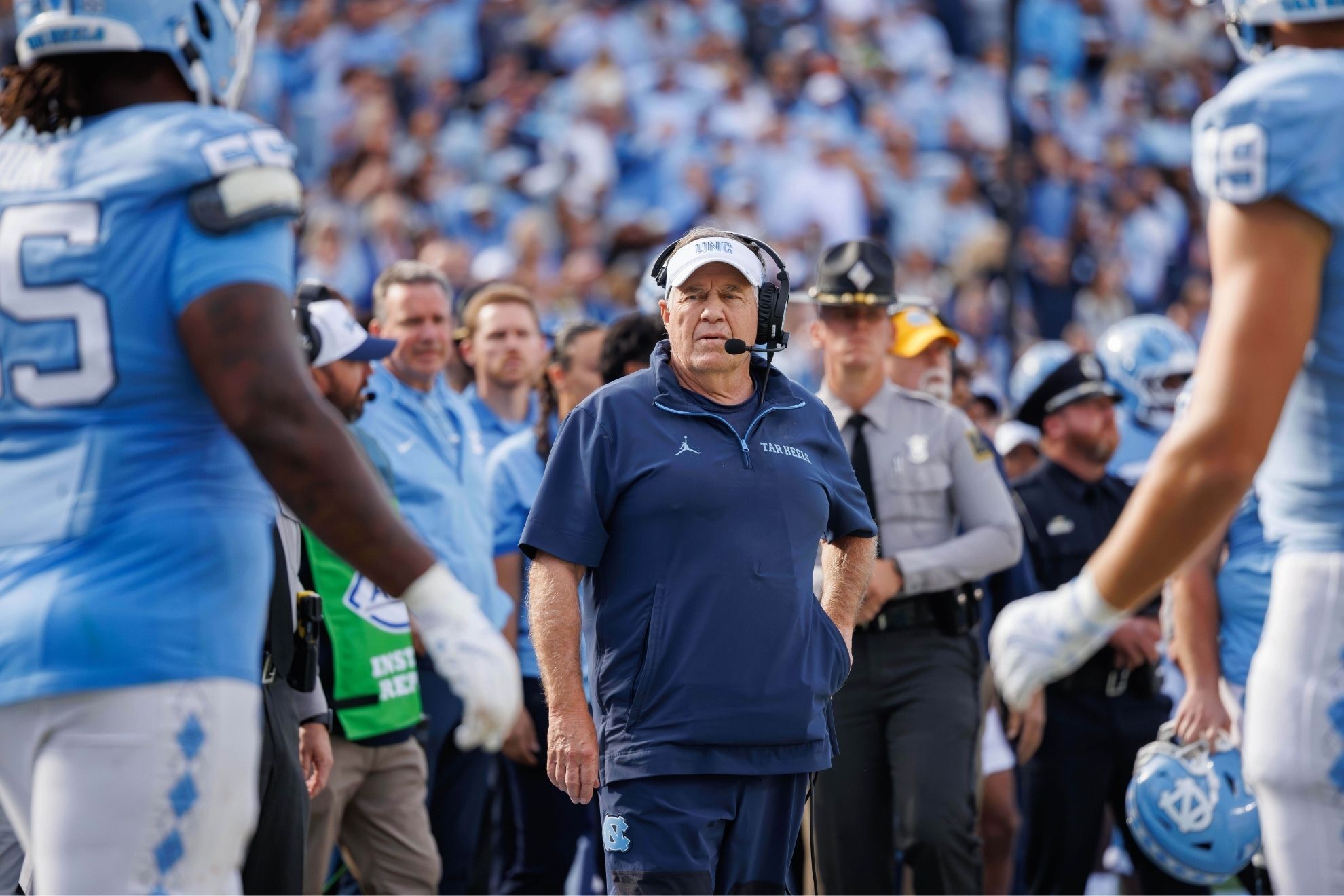 North Carolina head coach Bill Belichick looks towards the field after the final play
