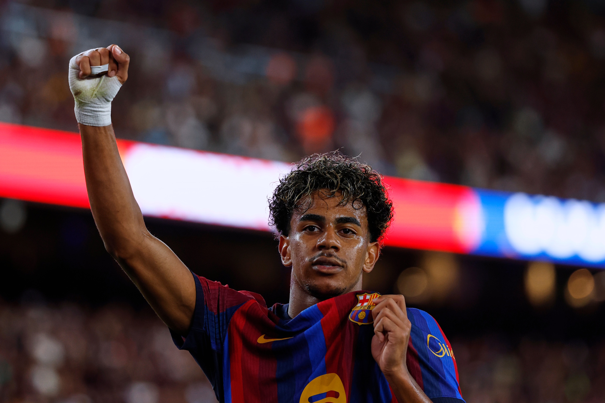 Barcelona's Lamine Yamal celebrates after scoring his side's second goal Joan Monfort