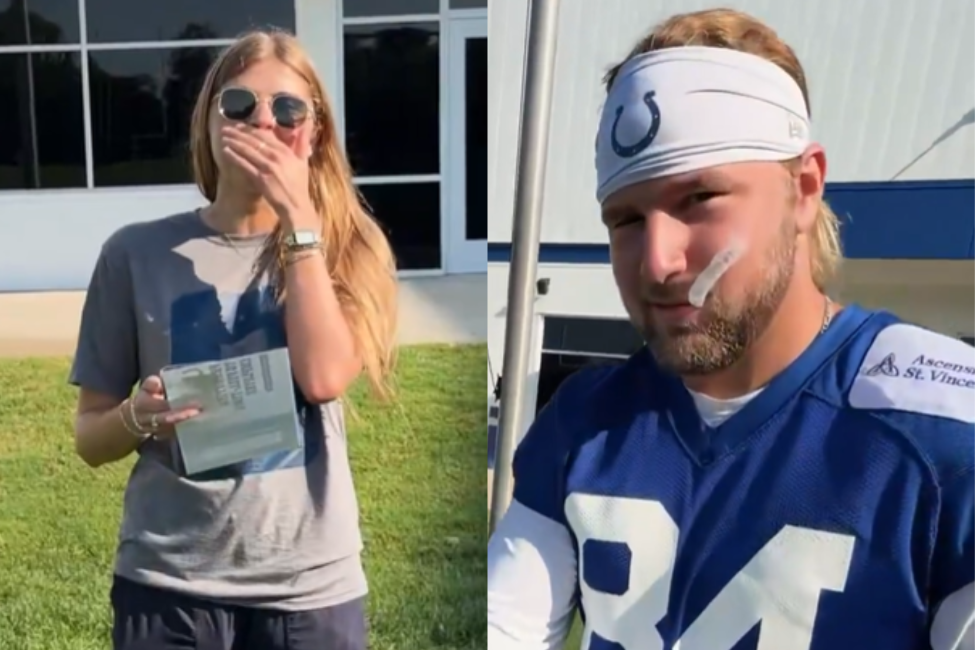 Tyler Warren of the Indianapolis Colts surprises a social media intern. X / Indianapolis Colts