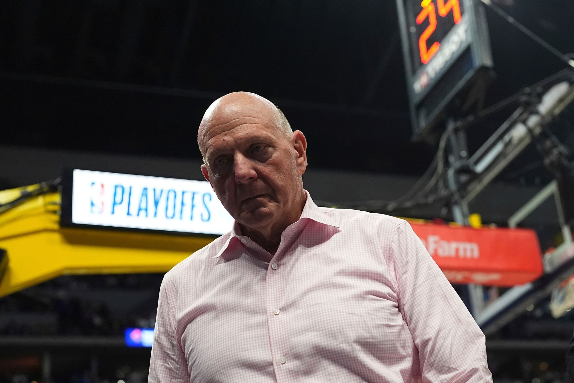 Los Angeles Clippers owner Steve Ballmer in the second half of Game 2 of a first-round NBA playoff series Monday, April 21, 2025