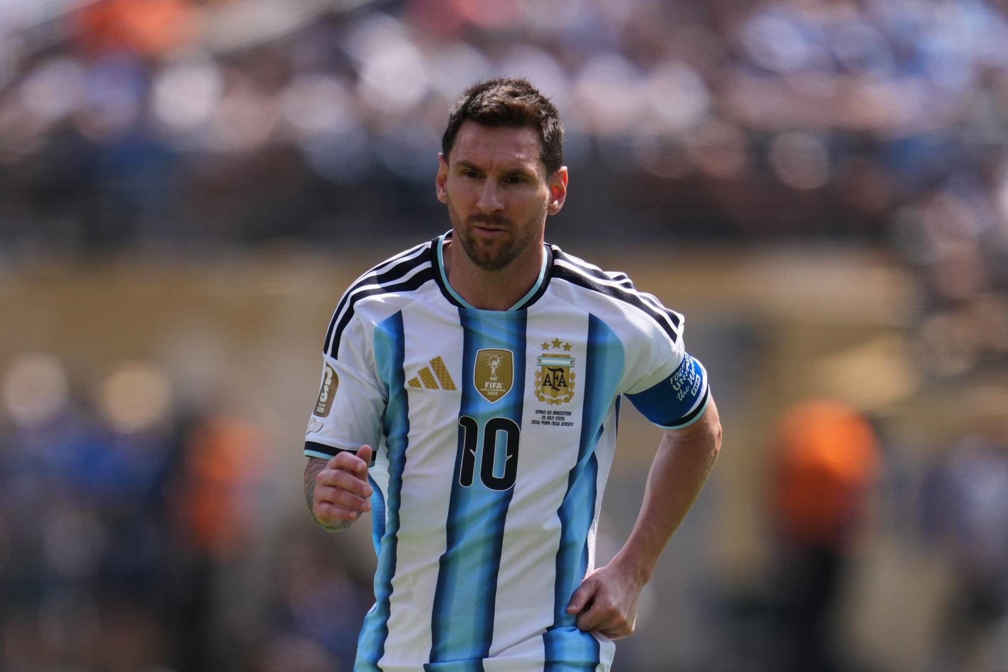 Argentina's Lionel Messi (10) competes during the World Cup final soccer match between Spain and Argentina in East Rutherford Abbie Parr